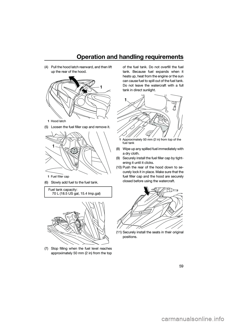 YAMAHA FX SVHO 2014 Repair Manual Operation and handling requirements
59
(4) Pull the hood latch rearward, and then liftup the rear of the hood.
(5) Loosen the fuel filler cap and remove it.
(6) Slowly add fuel to the fuel tank.
(7) S YAMAHA FX SVHO 2014 Repair Manual Operation and handling requirements
59
(4) Pull the hood latch rearward, and then liftup the rear of the hood.
(5) Loosen the fuel filler cap and remove it.
(6) Slowly add fuel to the fuel tank.
(7) S