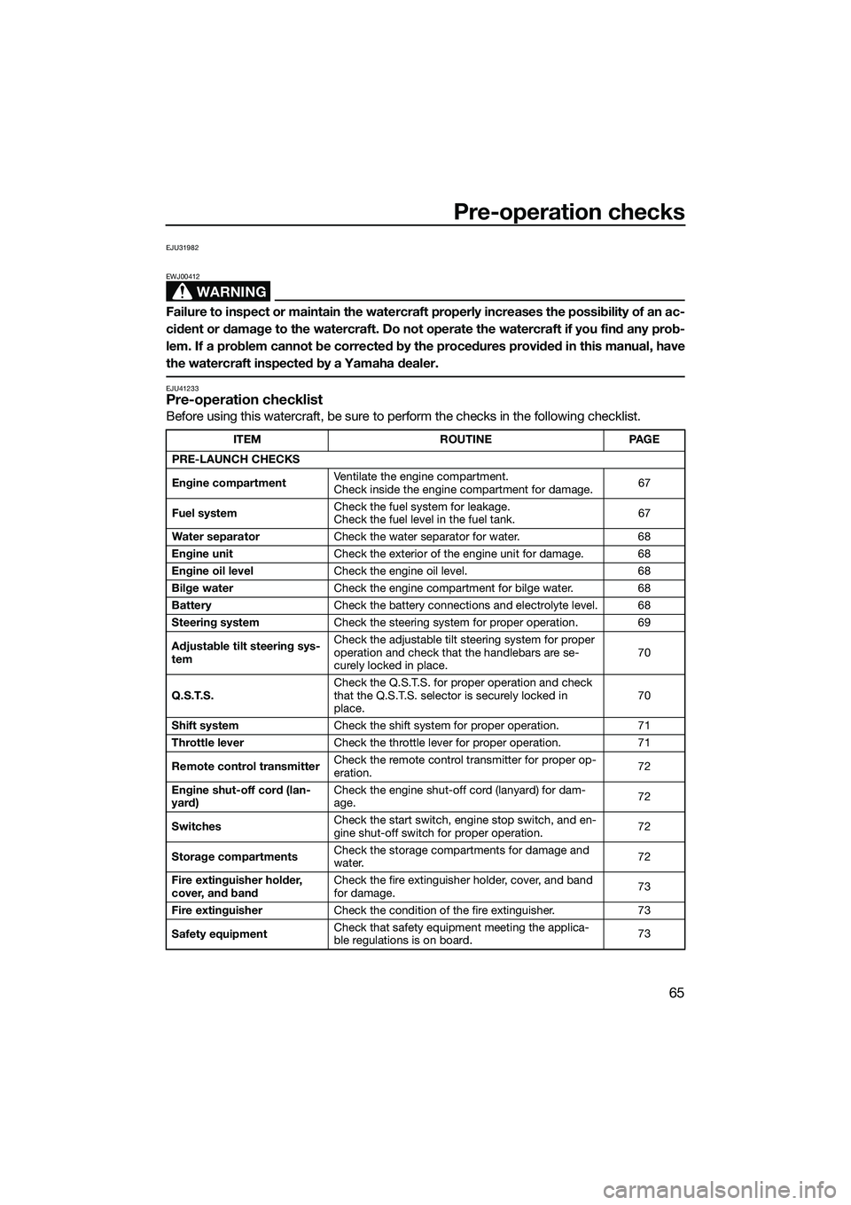 YAMAHA FX SVHO 2014  Owners Manual Pre-operation checks
65
EJU31982
WARNING
EWJ00412
Failure to inspect or maintain the watercraft properly increases the possibility of an ac-
cident or damage to the watercraft. Do not operate the wate
