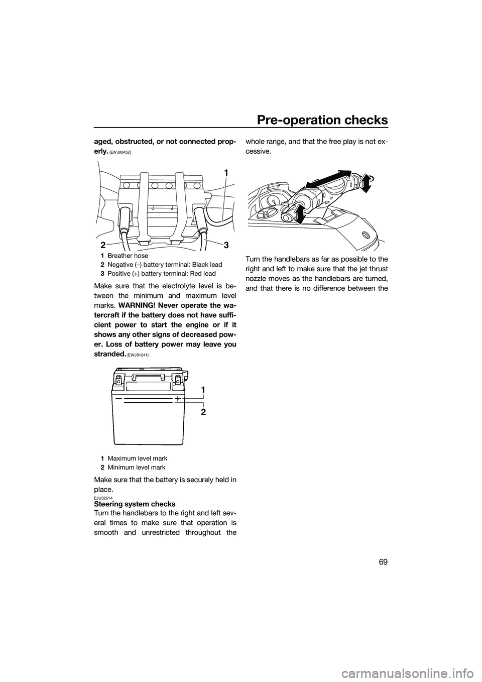 YAMAHA FX SVHO 2014 Manual PDF Pre-operation checks
69
aged, obstructed, or not connected prop-
erly.
 [EWJ00452]
Make sure that the electrolyte level is be-
tween the minimum and maximum level
marks. WARNING! Never operate the wa-
