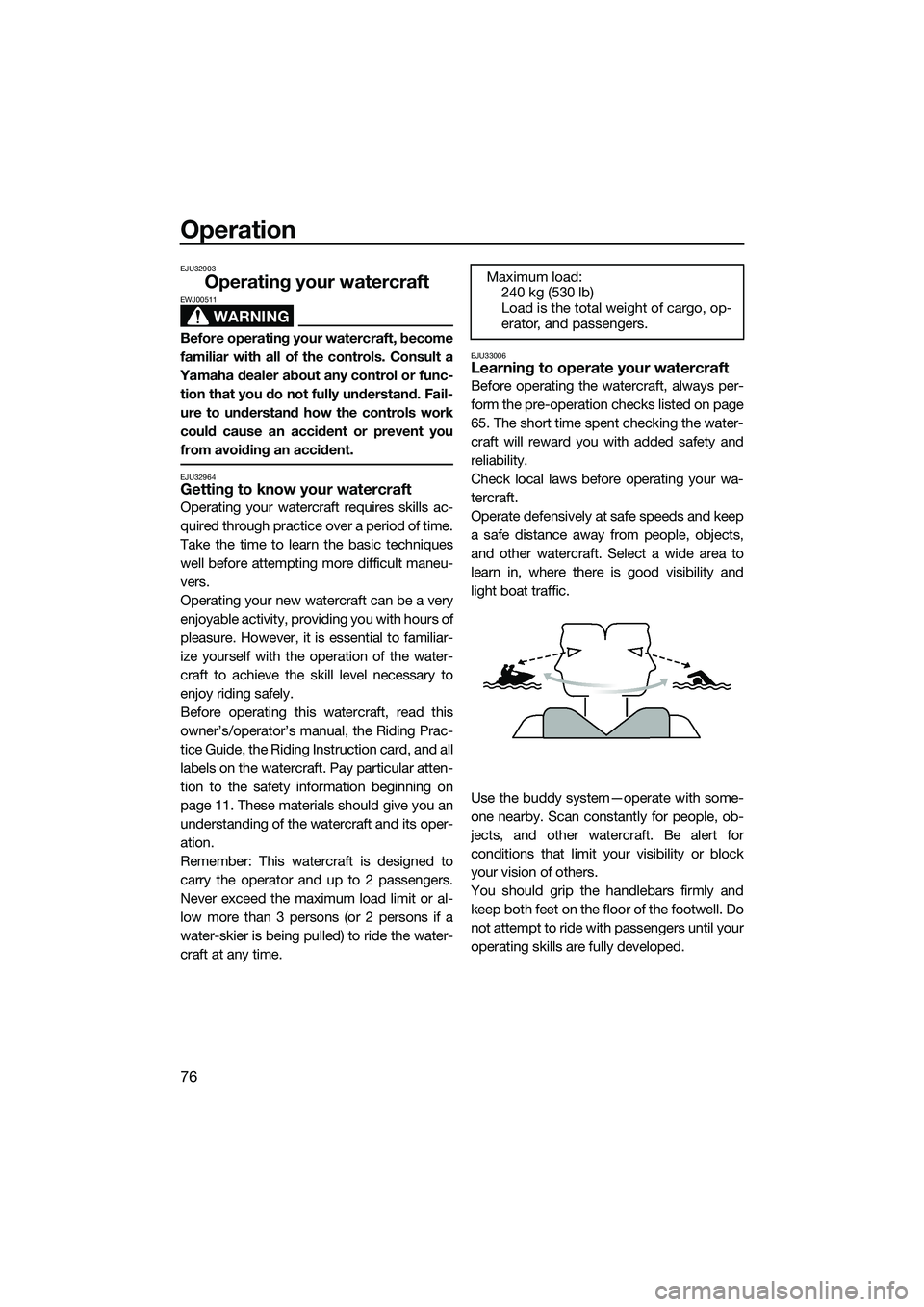 YAMAHA FX SVHO 2014 Manual Online Operation
76
EJU32903
Operating your watercraft
WARNING
EWJ00511
Before operating your watercraft, become
familiar with all of the controls. Consult a
Yamaha dealer about any control or func- tion tha YAMAHA FX SVHO 2014 Manual Online Operation
76
EJU32903
Operating your watercraft
WARNING
EWJ00511
Before operating your watercraft, become
familiar with all of the controls. Consult a
Yamaha dealer about any control or func- tion tha