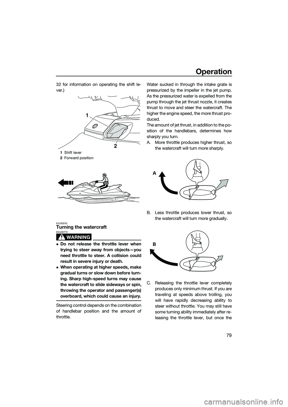 YAMAHA FX SVHO 2014 Manual Online Operation
79
32 for information on operating the shift le-
ver.)
EJU33255Turning the watercraft
WARNING
EWJ00772
Do not release the throttle lever when
trying to steer away from objects—you
need YAMAHA FX SVHO 2014 Manual Online Operation
79
32 for information on operating the shift le-
ver.)
EJU33255Turning the watercraft
WARNING
EWJ00772
Do not release the throttle lever when
trying to steer away from objects—you
need