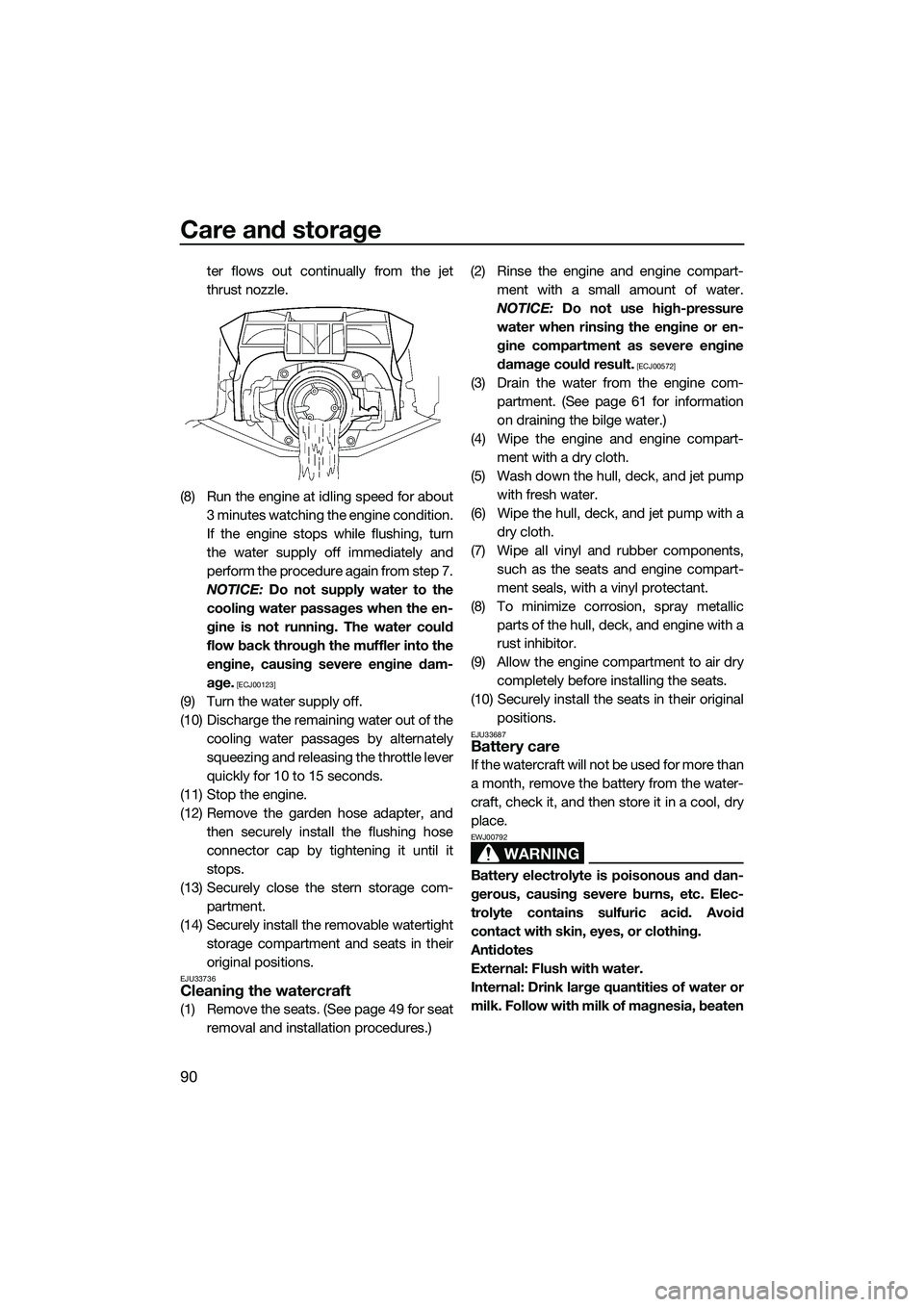 YAMAHA FX SVHO 2014 Owners Manual Care and storage
90
ter flows out continually from the jet
thrust nozzle.
(8) Run the engine at idling speed for about 3 minutes watching the engine condition.
If the engine stops while flushing, turn YAMAHA FX SVHO 2014 Owners Manual Care and storage
90
ter flows out continually from the jet
thrust nozzle.
(8) Run the engine at idling speed for about 3 minutes watching the engine condition.
If the engine stops while flushing, turn