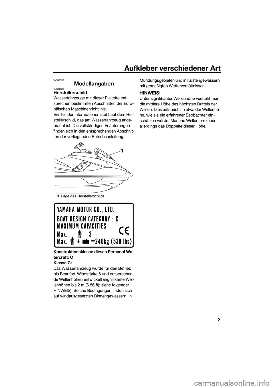 YAMAHA FX SVHO 2014  Betriebsanleitungen (in German) Aufkleber verschiedener Art
3
GJU30321
ModellangabenGJU30332Herstellerschild
Wasserfahrzeuge mit dieser Plakette ent-
sprechen bestimmten Abschnitten der Euro-
päischen Maschinenrichtlinie.
Ein Teil 