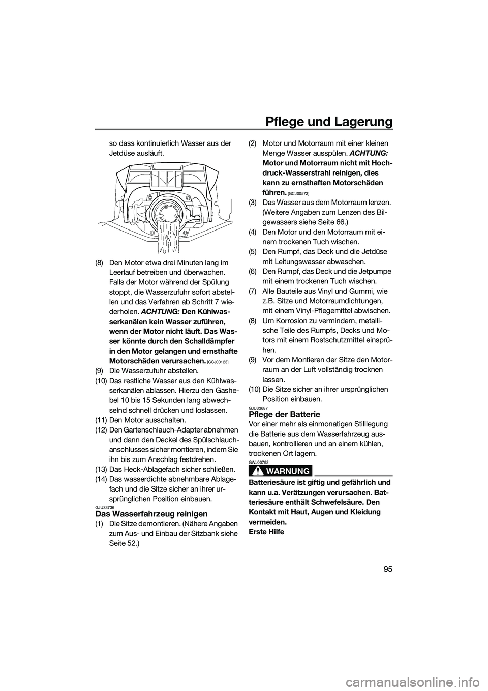 YAMAHA FX SVHO 2014 Betriebsanleitungen (in German) Pflege und Lagerung
95
so dass kontinuierlich Wasser aus der
Jetdüse ausläuft.
(8) Den Motor etwa drei Minuten lang im Leerlauf betreiben und überwachen.
Falls der Motor während der Spülung
s YAMAHA FX SVHO 2014 Betriebsanleitungen (in German) Pflege und Lagerung
95
so dass kontinuierlich Wasser aus der
Jetdüse ausläuft.
(8) Den Motor etwa drei Minuten lang im Leerlauf betreiben und überwachen.
Falls der Motor während der Spülung
s