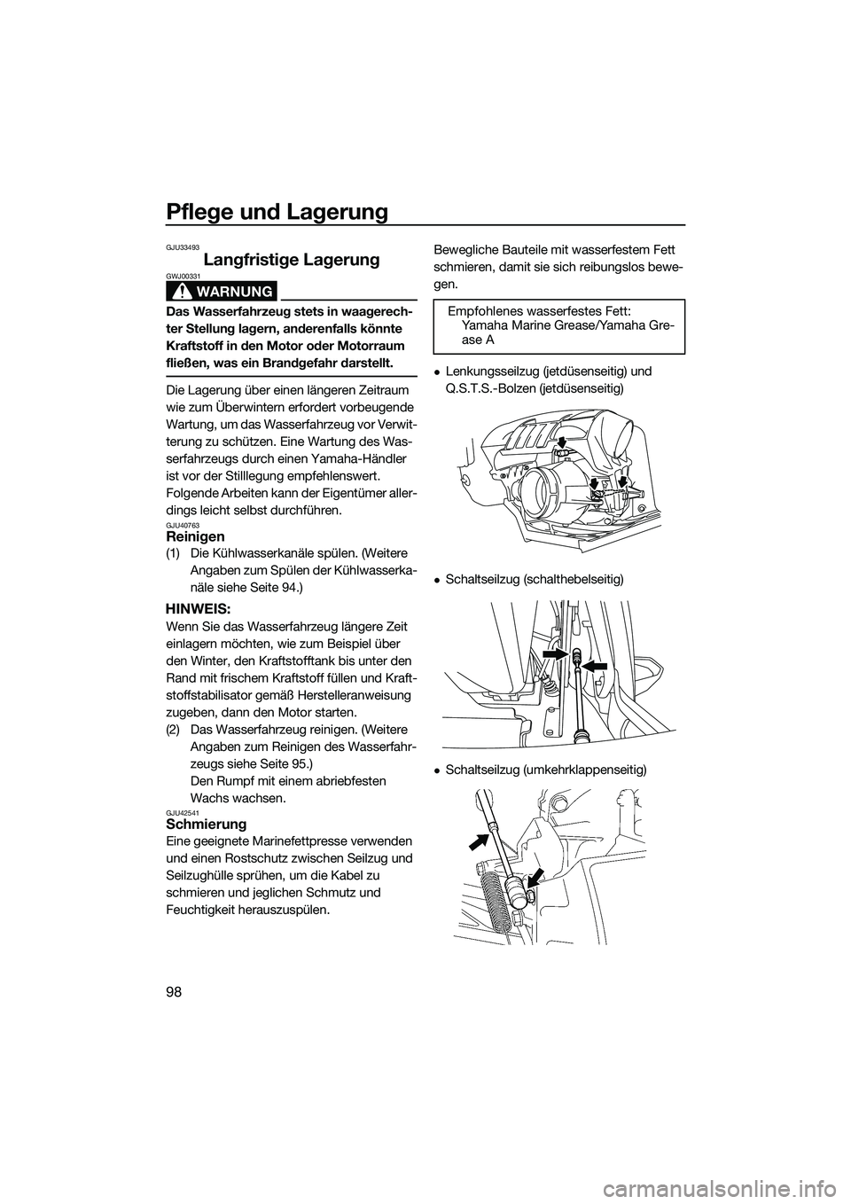 YAMAHA FX SVHO 2014 Betriebsanleitungen (in German) Pflege und Lagerung
98
GJU33493
Langfristige Lagerung
WARNUNG
GWJ00331
Das Wasserfahrzeug stets in waagerech-
ter Stellung lagern, anderenfalls könnte
Kraftstoff in den Motor oder Motorraum
fließe YAMAHA FX SVHO 2014 Betriebsanleitungen (in German) Pflege und Lagerung
98
GJU33493
Langfristige Lagerung
WARNUNG
GWJ00331
Das Wasserfahrzeug stets in waagerech-
ter Stellung lagern, anderenfalls könnte
Kraftstoff in den Motor oder Motorraum
fließe