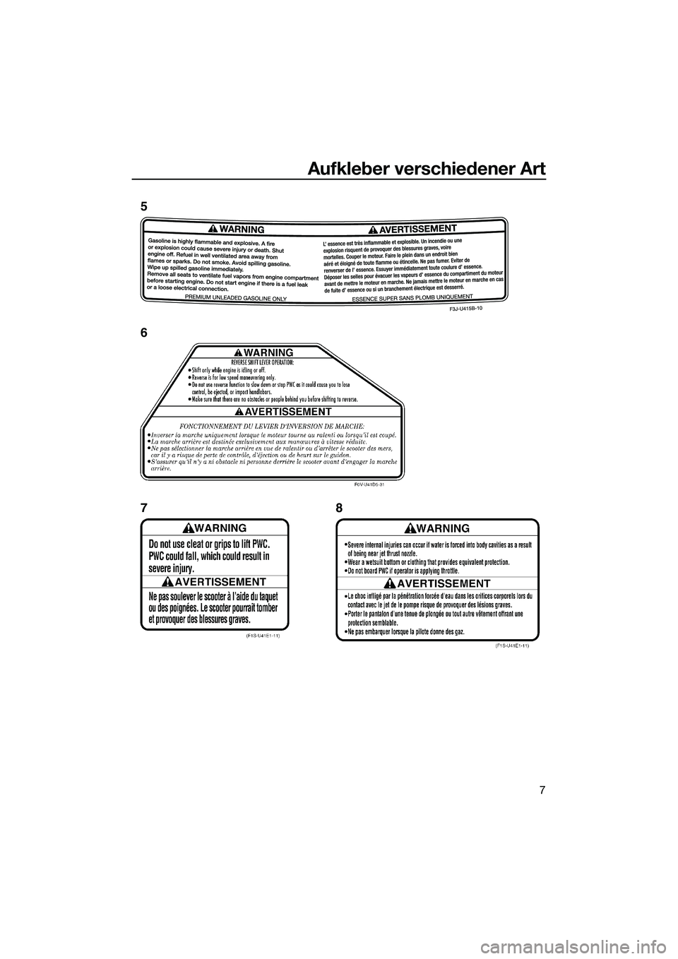 YAMAHA FX SVHO 2014  Betriebsanleitungen (in German) Aufkleber verschiedener Art
7
5
6
78
UF3J70G0.book  Page 7  Thursday, October 10, 2013  11:02 AM 