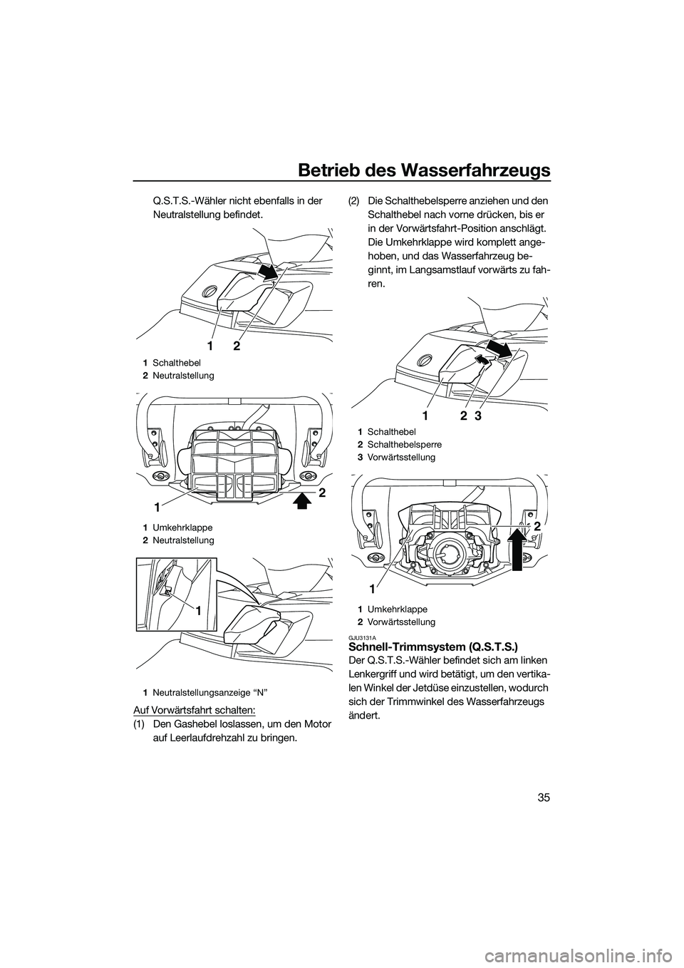 YAMAHA FX SVHO 2014 Betriebsanleitungen (in German) Betrieb des Wasserfahrzeugs
35
Q.S.T.S.-Wähler nicht ebenfalls in der
Neutralstellung befindet.
Auf Vorwärtsfahrt schalten:
(1) Den Gashebel loslassen, um den Motor auf Leerlaufdrehzahl zu bringen YAMAHA FX SVHO 2014 Betriebsanleitungen (in German) Betrieb des Wasserfahrzeugs
35
Q.S.T.S.-Wähler nicht ebenfalls in der
Neutralstellung befindet.
Auf Vorwärtsfahrt schalten:
(1) Den Gashebel loslassen, um den Motor auf Leerlaufdrehzahl zu bringen
