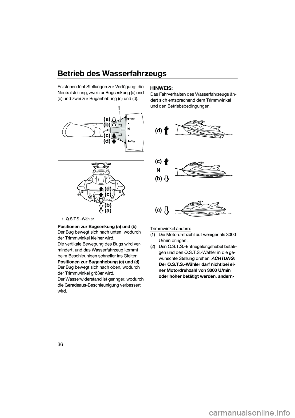 YAMAHA FX SVHO 2014 Betriebsanleitungen (in German) Betrieb des Wasserfahrzeugs
36
Es stehen fünf Stellungen zur Verfügung: die
Neutralstellung, zwei zur Bugsenkung (a) und
(b) und zwei zur Buganhebung (c) und (d).
Positionen zur Bugsenkung (a) und YAMAHA FX SVHO 2014 Betriebsanleitungen (in German) Betrieb des Wasserfahrzeugs
36
Es stehen fünf Stellungen zur Verfügung: die
Neutralstellung, zwei zur Bugsenkung (a) und
(b) und zwei zur Buganhebung (c) und (d).
Positionen zur Bugsenkung (a) und