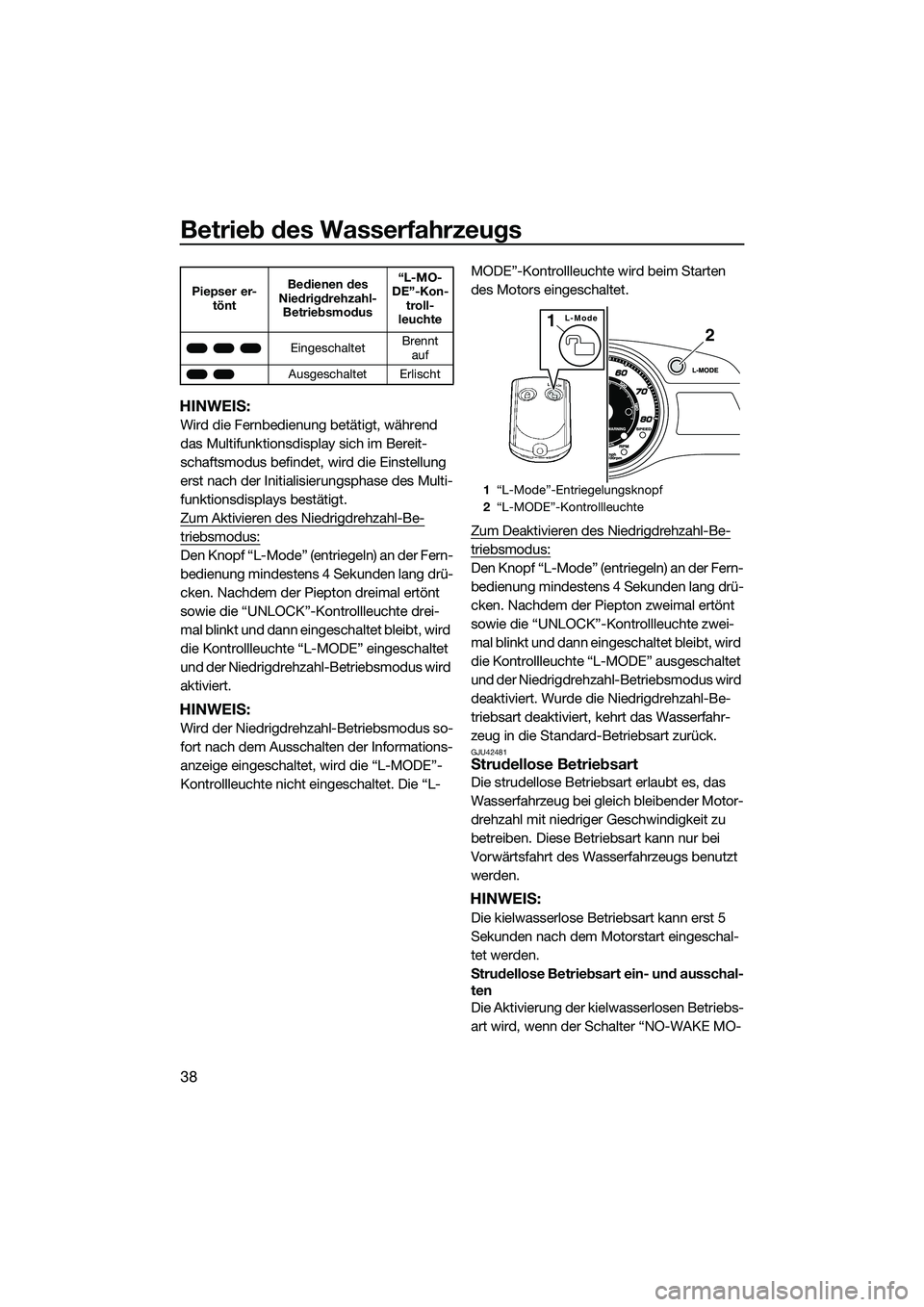 YAMAHA FX SVHO 2014 Betriebsanleitungen (in German) Betrieb des Wasserfahrzeugs
38
HINWEIS:
Wird die Fernbedienung betätigt, während
das Multifunktionsdisplay sich im Bereit-
schaftsmodus befindet, wird die Einstellung
erst nach der Initialisierung YAMAHA FX SVHO 2014 Betriebsanleitungen (in German) Betrieb des Wasserfahrzeugs
38
HINWEIS:
Wird die Fernbedienung betätigt, während
das Multifunktionsdisplay sich im Bereit-
schaftsmodus befindet, wird die Einstellung
erst nach der Initialisierung
