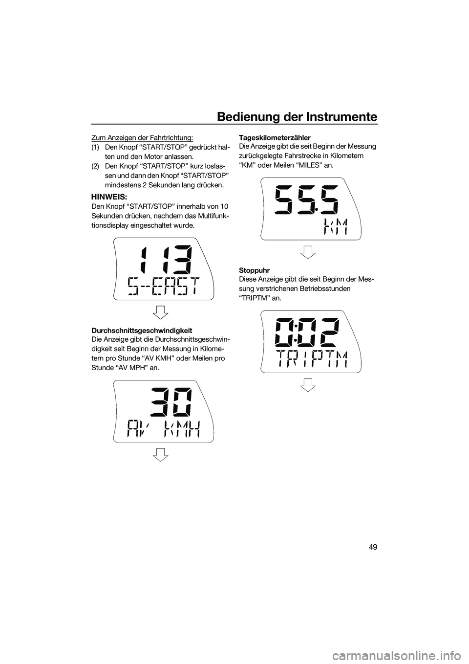 YAMAHA FX SVHO 2014 Betriebsanleitungen (in German) Bedienung der Instrumente
49
Zum Anzeigen der Fahrtrichtung:
(1) Den Knopf “START/STOP” gedrückt hal-ten und den Motor anlassen.
(2) Den Knopf “START/STOP” kurz loslas- sen und dann den Knopf YAMAHA FX SVHO 2014 Betriebsanleitungen (in German) Bedienung der Instrumente
49
Zum Anzeigen der Fahrtrichtung:
(1) Den Knopf “START/STOP” gedrückt hal-ten und den Motor anlassen.
(2) Den Knopf “START/STOP” kurz loslas- sen und dann den Knopf