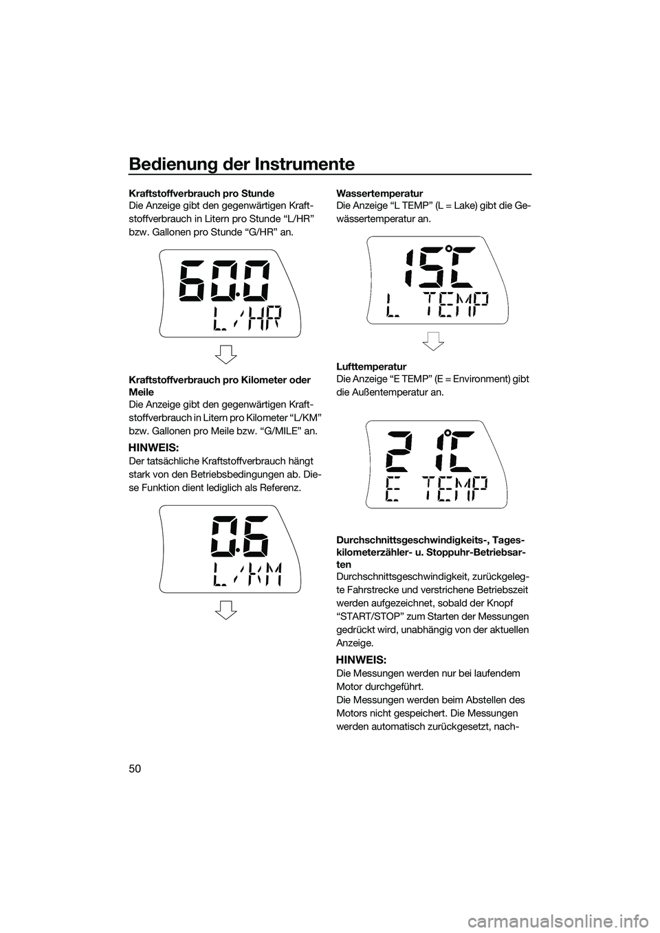 YAMAHA FX SVHO 2014 Betriebsanleitungen (in German) Bedienung der Instrumente
50
Kraftstoffverbrauch pro Stunde
Die Anzeige gibt den gegenwärtigen Kraft-
stoffverbrauch in Litern pro Stunde “L/HR”
bzw. Gallonen pro Stunde “G/HR” an.
Kraftstof YAMAHA FX SVHO 2014 Betriebsanleitungen (in German) Bedienung der Instrumente
50
Kraftstoffverbrauch pro Stunde
Die Anzeige gibt den gegenwärtigen Kraft-
stoffverbrauch in Litern pro Stunde “L/HR”
bzw. Gallonen pro Stunde “G/HR” an.
Kraftstof