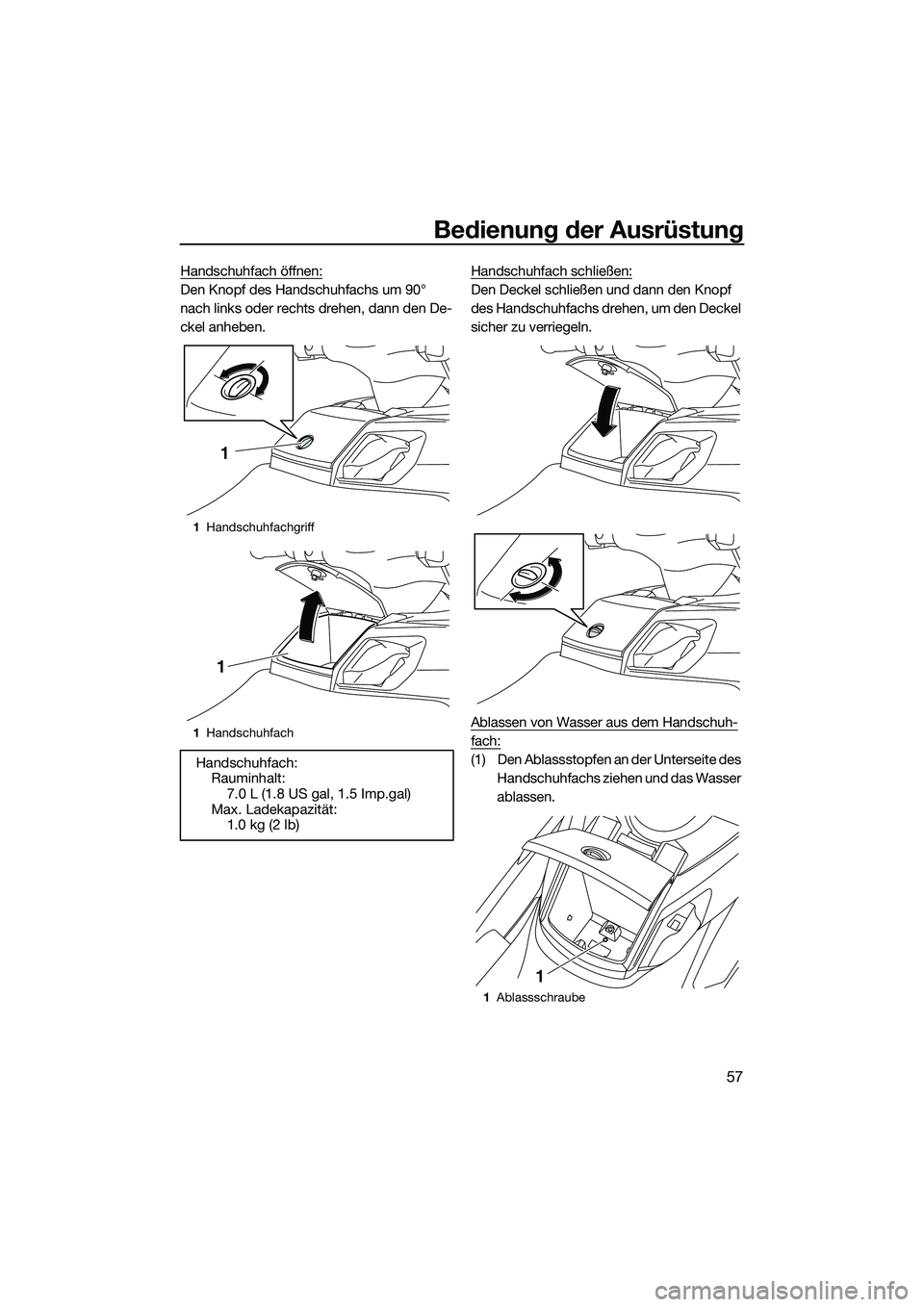 YAMAHA FX SVHO 2014 Betriebsanleitungen (in German) Bedienung der Ausrüstung
57
Handschuhfach öffnen:
Den Knopf des Handschuhfachs um 90°
nach links oder rechts drehen, dann den De-
ckel anheben.Handschuhfach schließen:Den Deckel schließen und da YAMAHA FX SVHO 2014 Betriebsanleitungen (in German) Bedienung der Ausrüstung
57
Handschuhfach öffnen:
Den Knopf des Handschuhfachs um 90°
nach links oder rechts drehen, dann den De-
ckel anheben.Handschuhfach schließen:Den Deckel schließen und da