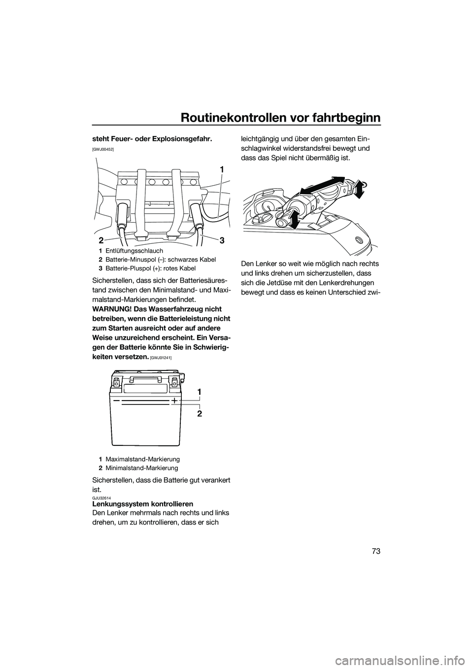 YAMAHA FX SVHO 2014  Betriebsanleitungen (in German) Routinekontrollen vor fahrtbeginn
73
steht Feuer- oder Explosionsgefahr. 
[GWJ00452]
Sicherstellen, dass sich der Batteriesäures-
tand zwischen den Minimalstand- und Maxi-
malstand-Markierungen befin