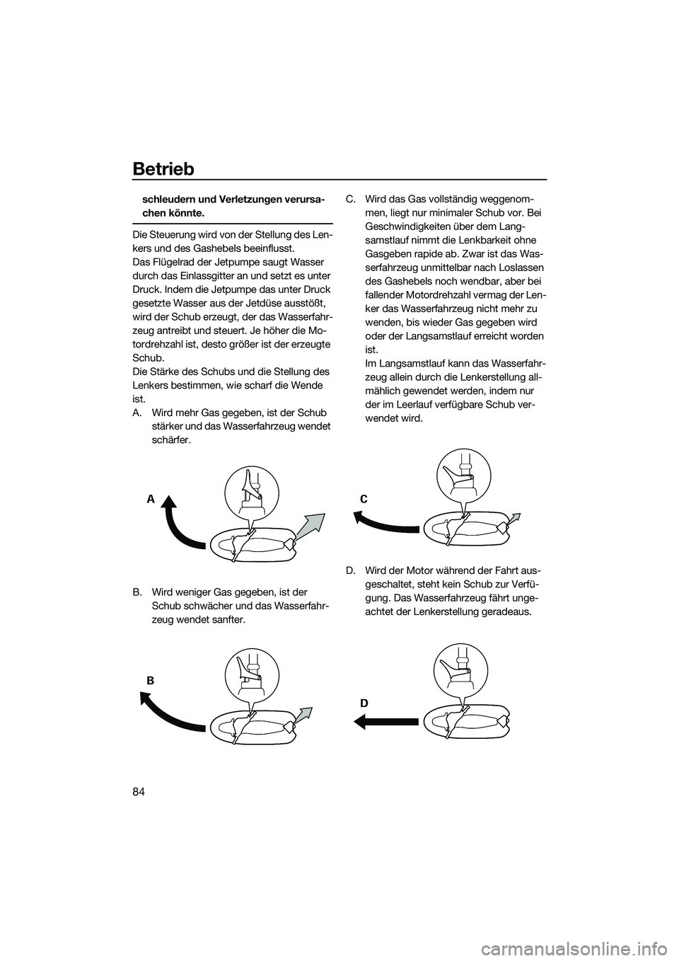 YAMAHA FX SVHO 2014 Betriebsanleitungen (in German) Betrieb
84
schleudern und Verletzungen verursa-
chen könnte.
Die Steuerung wird von der Stellung des Len-
kers und des Gashebels beeinflusst.
Das Flügelrad der Jetpumpe saugt Wasser
durch das Einla YAMAHA FX SVHO 2014 Betriebsanleitungen (in German) Betrieb
84
schleudern und Verletzungen verursa-
chen könnte.
Die Steuerung wird von der Stellung des Len-
kers und des Gashebels beeinflusst.
Das Flügelrad der Jetpumpe saugt Wasser
durch das Einla