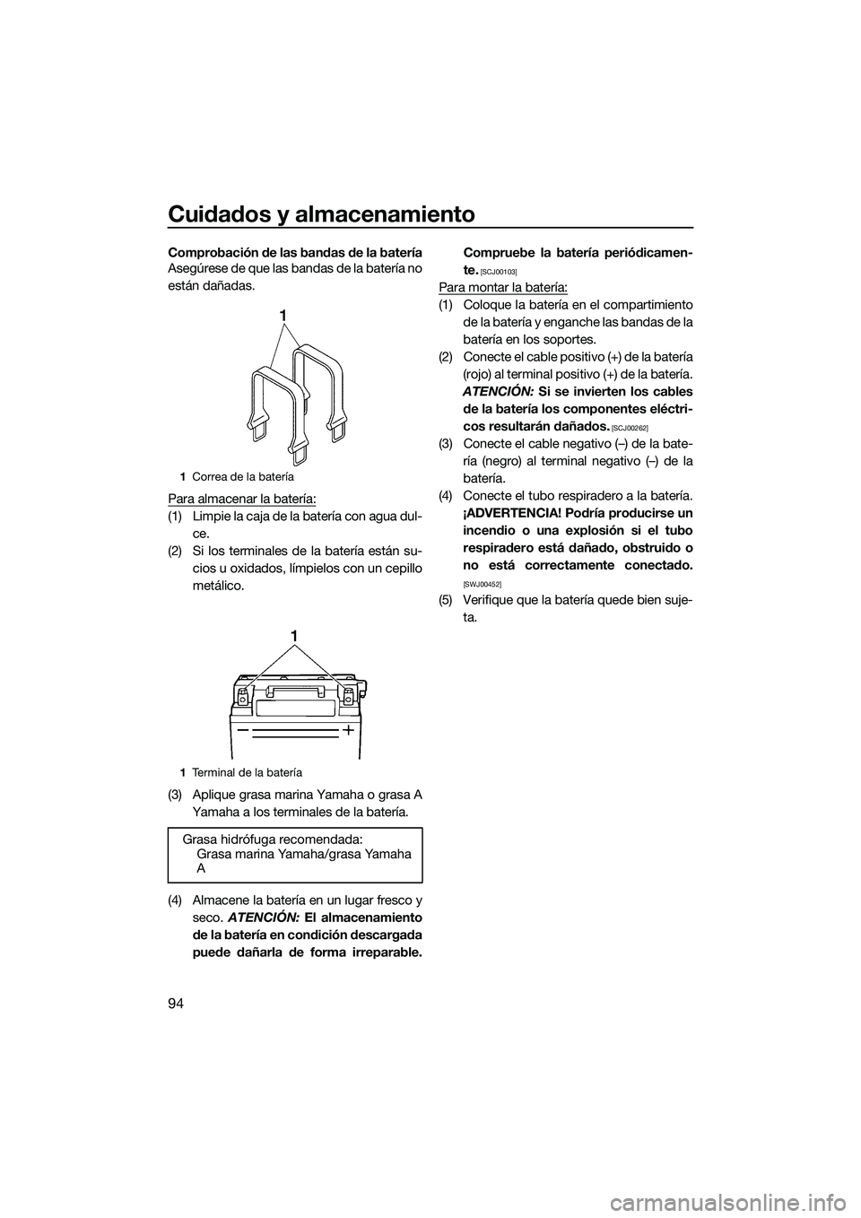 YAMAHA FX SVHO 2014 Manuale de Empleo (in Spanish) Cuidados y almacenamiento
94
Comprobación de las bandas de la batería
Asegúrese de que las bandas de la batería no
están dañadas.
Para almacenar la batería:
(1) Limpie la caja de la batería co YAMAHA FX SVHO 2014 Manuale de Empleo (in Spanish) Cuidados y almacenamiento
94
Comprobación de las bandas de la batería
Asegúrese de que las bandas de la batería no
están dañadas.
Para almacenar la batería:
(1) Limpie la caja de la batería co