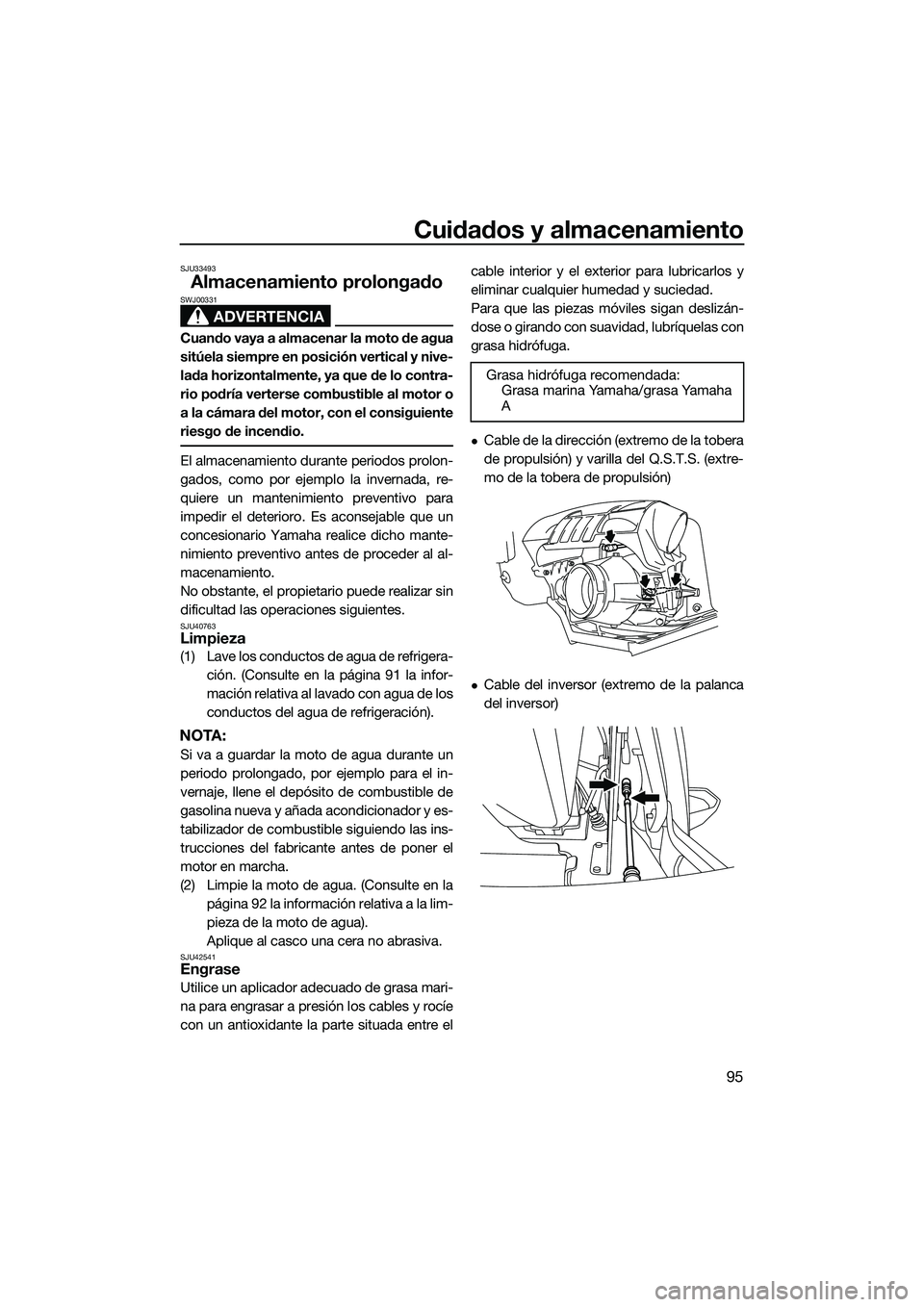 YAMAHA FX SVHO 2014 Manuale de Empleo (in Spanish) Cuidados y almacenamiento
95
SJU33493
Almacenamiento prolongado
ADVERTENCIA
SWJ00331
Cuando vaya a almacenar la moto de agua
sitúela siempre en posición vertical y nive-
lada horizontalmente, ya que YAMAHA FX SVHO 2014 Manuale de Empleo (in Spanish) Cuidados y almacenamiento
95
SJU33493
Almacenamiento prolongado
ADVERTENCIA
SWJ00331
Cuando vaya a almacenar la moto de agua
sitúela siempre en posición vertical y nive-
lada horizontalmente, ya que