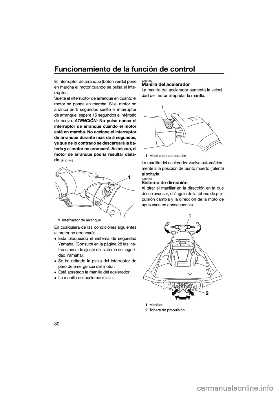 YAMAHA FX SVHO 2014 Manuale de Empleo (in Spanish) Funcionamiento de la función de control
30
El interruptor de arranque (botón verde) pone
en marcha el motor cuando se pulsa el inte-
rruptor.
Suelte el interruptor de arranque en cuanto el
motor se YAMAHA FX SVHO 2014 Manuale de Empleo (in Spanish) Funcionamiento de la función de control
30
El interruptor de arranque (botón verde) pone
en marcha el motor cuando se pulsa el inte-
rruptor.
Suelte el interruptor de arranque en cuanto el
motor se