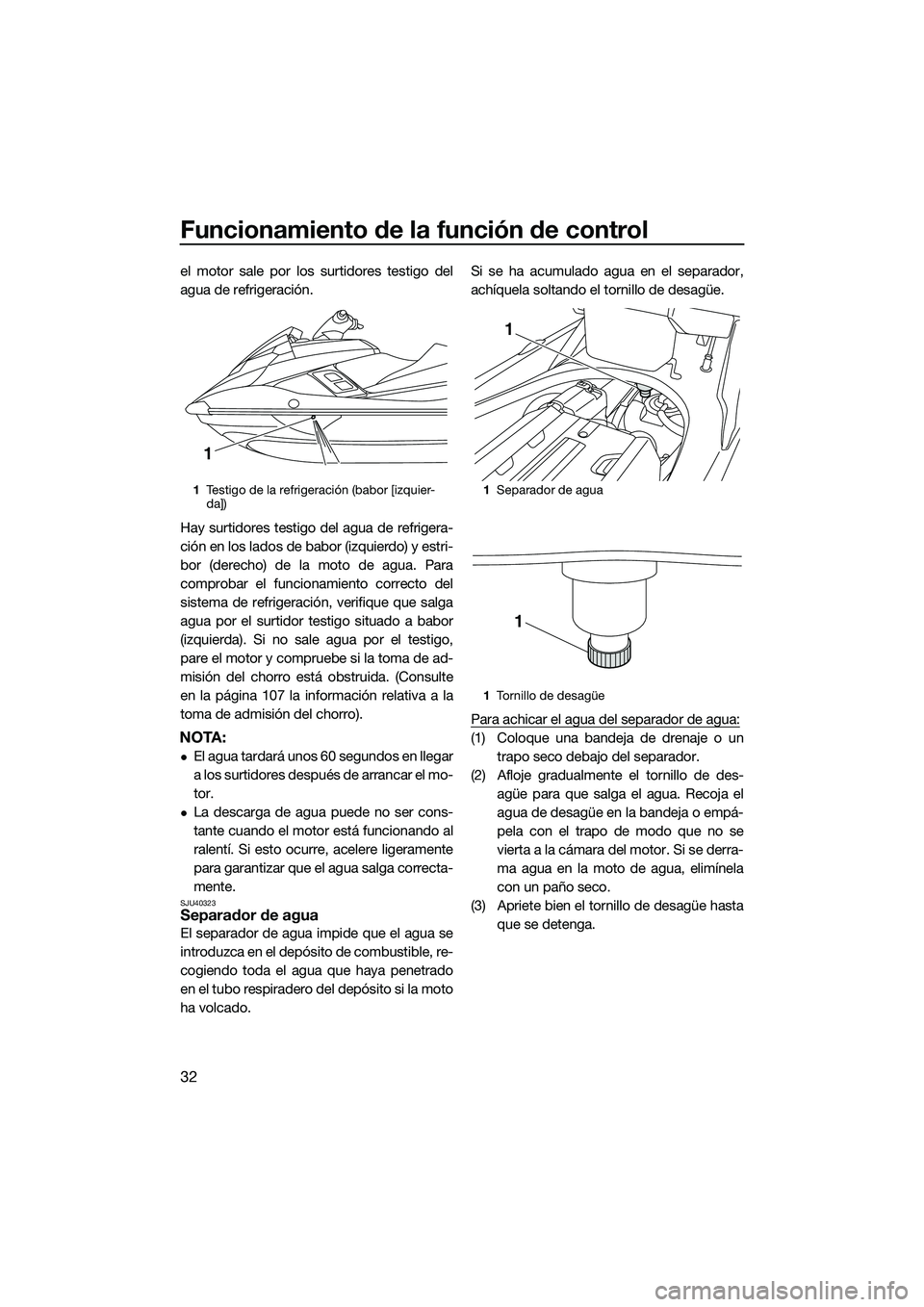 YAMAHA FX SVHO 2014 Manuale de Empleo (in Spanish) Funcionamiento de la función de control
32
el motor sale por los surtidores testigo del
agua de refrigeración.
Hay surtidores testigo del agua de refrigera-
ción en los lados de babor (izquierdo) y YAMAHA FX SVHO 2014 Manuale de Empleo (in Spanish) Funcionamiento de la función de control
32
el motor sale por los surtidores testigo del
agua de refrigeración.
Hay surtidores testigo del agua de refrigera-
ción en los lados de babor (izquierdo) y