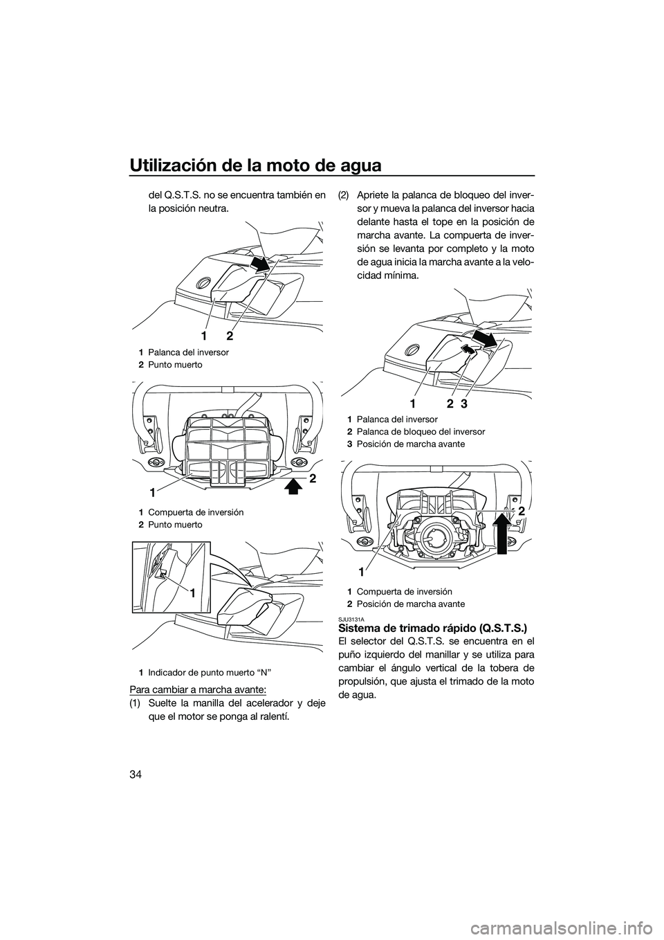 YAMAHA FX SVHO 2014 Manuale de Empleo (in Spanish) Utilización de la moto de agua
34
del Q.S.T.S. no se encuentra también en
la posición neutra.
Para cambiar a marcha avante:
(1) Suelte la manilla del acelerador y deje que el motor se ponga al rale YAMAHA FX SVHO 2014 Manuale de Empleo (in Spanish) Utilización de la moto de agua
34
del Q.S.T.S. no se encuentra también en
la posición neutra.
Para cambiar a marcha avante:
(1) Suelte la manilla del acelerador y deje que el motor se ponga al rale
