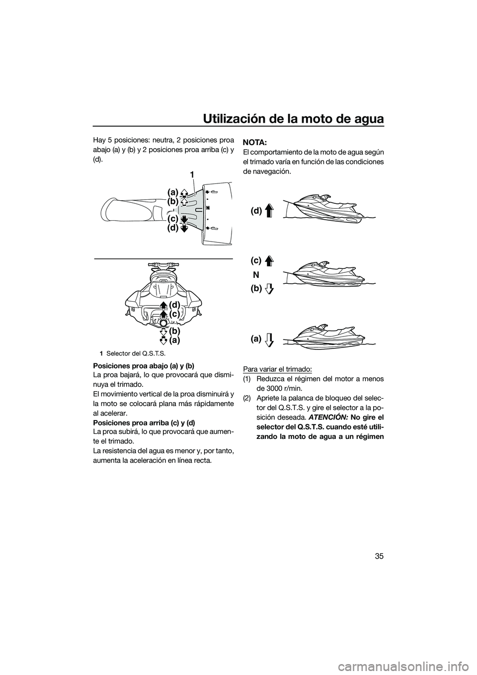 YAMAHA FX SVHO 2014 Manuale de Empleo (in Spanish) Utilización de la moto de agua
35
Hay 5 posiciones: neutra, 2 posiciones proa
abajo (a) y (b) y 2 posiciones proa arriba (c) y
(d).
Posiciones proa abajo (a) y (b)
La proa bajará, lo que provocará YAMAHA FX SVHO 2014 Manuale de Empleo (in Spanish) Utilización de la moto de agua
35
Hay 5 posiciones: neutra, 2 posiciones proa
abajo (a) y (b) y 2 posiciones proa arriba (c) y
(d).
Posiciones proa abajo (a) y (b)
La proa bajará, lo que provocará