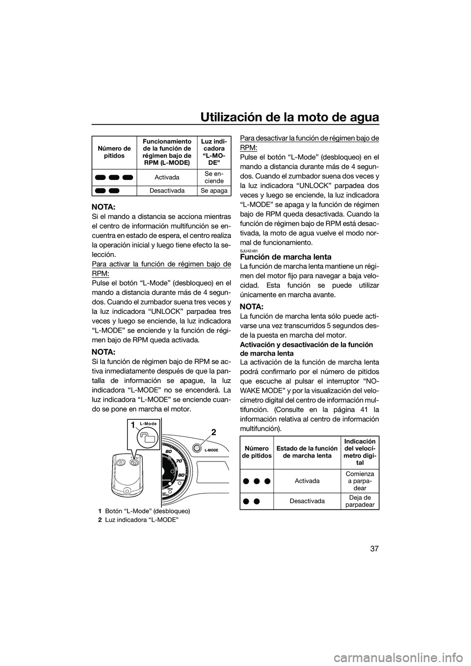 YAMAHA FX SVHO 2014 Manuale de Empleo (in Spanish) Utilización de la moto de agua
37
NOTA:
Si el mando a distancia se acciona mientras
el centro de información multifunción se en-
cuentra en estado de espera, el centro realiza
la operación inicial YAMAHA FX SVHO 2014 Manuale de Empleo (in Spanish) Utilización de la moto de agua
37
NOTA:
Si el mando a distancia se acciona mientras
el centro de información multifunción se en-
cuentra en estado de espera, el centro realiza
la operación inicial