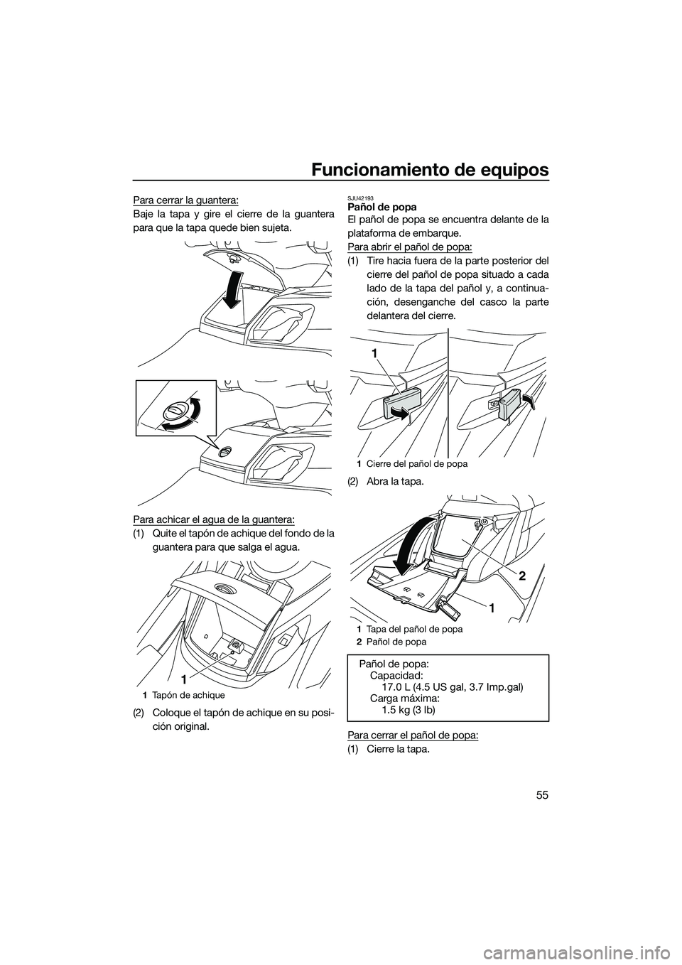 YAMAHA FX SVHO 2014 Manuale de Empleo (in Spanish) Funcionamiento de equipos
55
Para cerrar la guantera:
Baje la tapa y gire el cierre de la guantera
para que la tapa quede bien sujeta.
Para achicar el agua de la guantera:
(1) Quite el tapón de achiq YAMAHA FX SVHO 2014 Manuale de Empleo (in Spanish) Funcionamiento de equipos
55
Para cerrar la guantera:
Baje la tapa y gire el cierre de la guantera
para que la tapa quede bien sujeta.
Para achicar el agua de la guantera:
(1) Quite el tapón de achiq