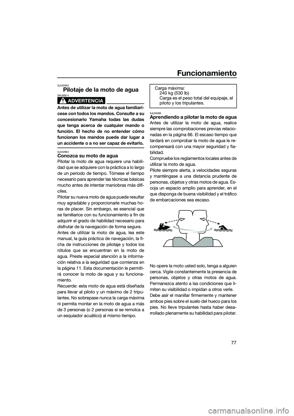 YAMAHA FX SVHO 2014 Manuale de Empleo (in Spanish) Funcionamiento
77
SJU32903
Pilotaje de la moto de agua
ADVERTENCIA
SWJ00511
Antes de utilizar la moto de agua familiarí-
cese con todos los mandos. Consulte a su
concesionario Yamaha todas las dudas
YAMAHA FX SVHO 2014 Manuale de Empleo (in Spanish) Funcionamiento
77
SJU32903
Pilotaje de la moto de agua
ADVERTENCIA
SWJ00511
Antes de utilizar la moto de agua familiarí-
cese con todos los mandos. Consulte a su
concesionario Yamaha todas las dudas