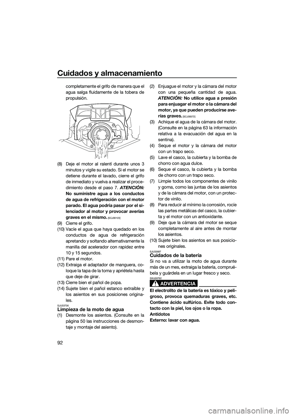 YAMAHA FX SVHO 2014 Manuale de Empleo (in Spanish) Cuidados y almacenamiento
92
completamente el grifo de manera que el
agua salga fluidamente de la tobera de
propulsión.
(8) Deje el motor al ralentí durante unos 3 minutos y vigile su estado. Si el YAMAHA FX SVHO 2014 Manuale de Empleo (in Spanish) Cuidados y almacenamiento
92
completamente el grifo de manera que el
agua salga fluidamente de la tobera de
propulsión.
(8) Deje el motor al ralentí durante unos 3 minutos y vigile su estado. Si el