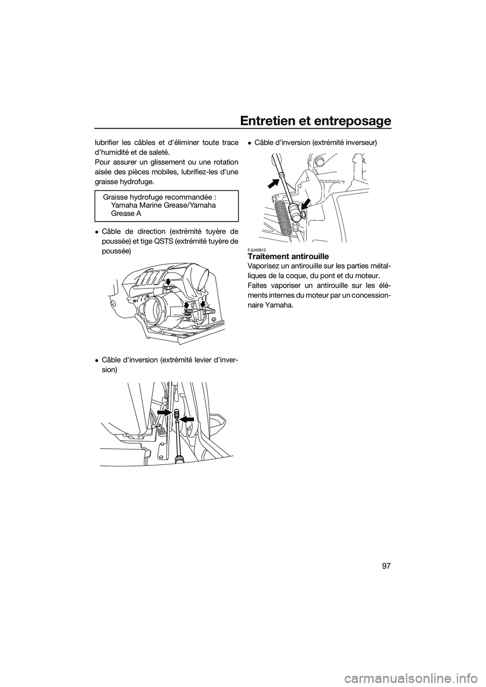YAMAHA FX SVHO 2014 Notices Demploi (in French) Entretien et entreposage
97
lubrifier les câbles et d’éliminer toute trace
d’humidité et de saleté.
Pour assurer un glissement ou une rotation
aisée des pièces mobiles, lubrifiez-les d’une YAMAHA FX SVHO 2014 Notices Demploi (in French) Entretien et entreposage
97
lubrifier les câbles et d’éliminer toute trace
d’humidité et de saleté.
Pour assurer un glissement ou une rotation
aisée des pièces mobiles, lubrifiez-les d’une