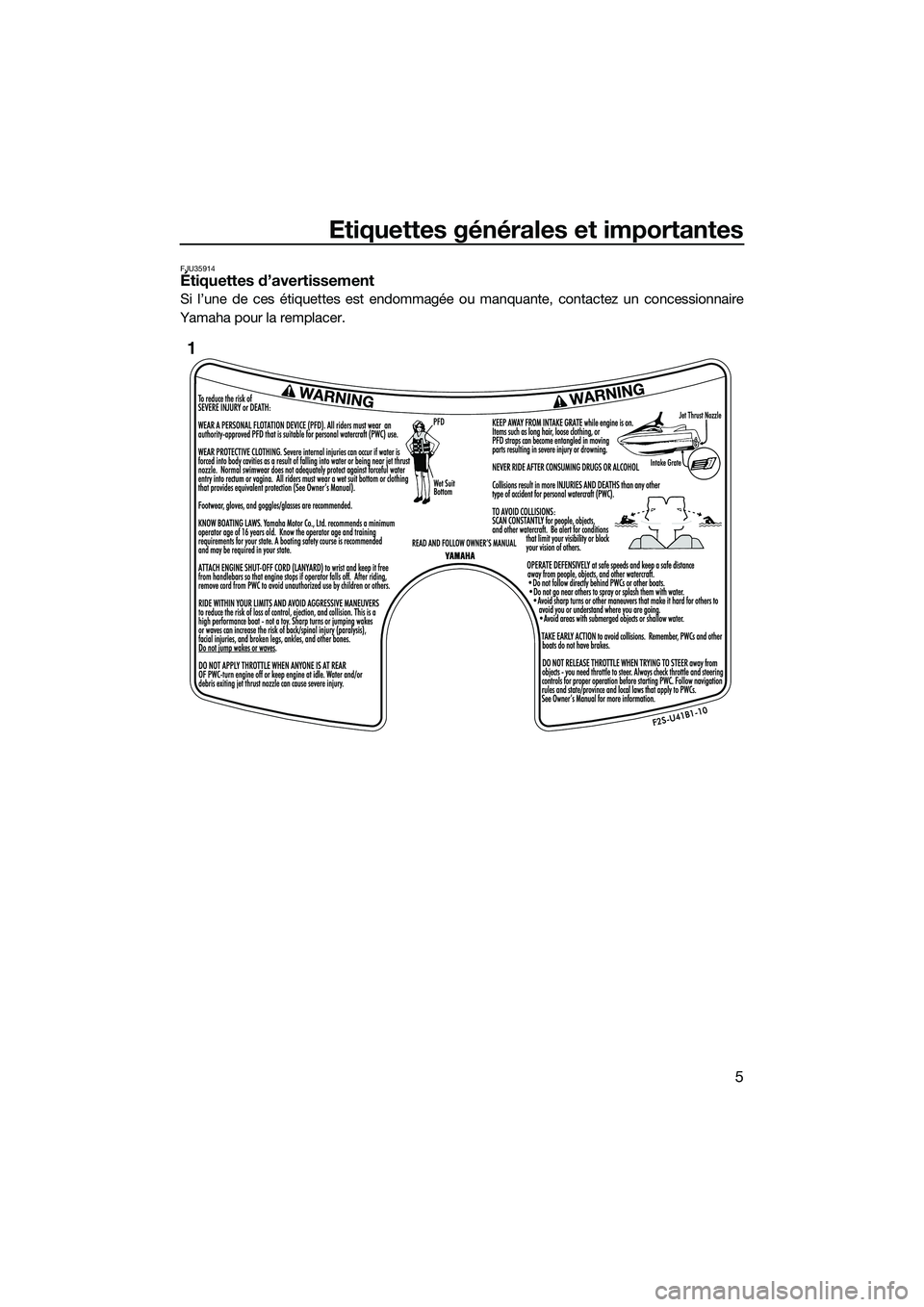 YAMAHA FX SVHO 2014 Notices Demploi (in French) Etiquettes générales et importantes
5
FJU35914Étiquettes d’avertissement
Si l’une de ces étiquettes est endommagée ou manquante, contactez un concessionnaire
Yamaha pour la remplacer.
1
UF3J7 YAMAHA FX SVHO 2014 Notices Demploi (in French) Etiquettes générales et importantes
5
FJU35914Étiquettes d’avertissement
Si l’une de ces étiquettes est endommagée ou manquante, contactez un concessionnaire
Yamaha pour la remplacer.
1
UF3J7