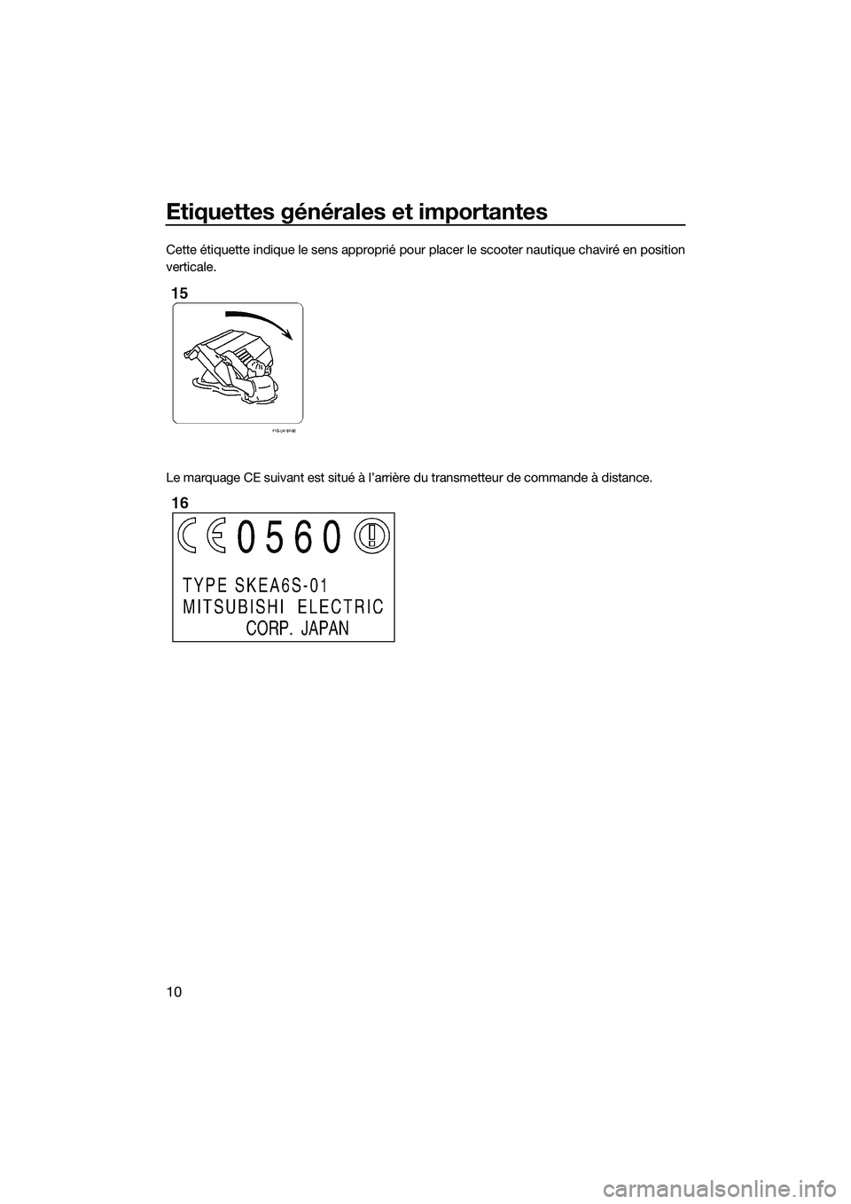 YAMAHA FX SVHO 2014 Notices Demploi (in French) Etiquettes générales et importantes
10
Cette étiquette indique le sens approprié pour placer le scooter nautique chaviré en position
verticale.
Le marquage CE suivant est situé à l’arrière d YAMAHA FX SVHO 2014 Notices Demploi (in French) Etiquettes générales et importantes
10
Cette étiquette indique le sens approprié pour placer le scooter nautique chaviré en position
verticale.
Le marquage CE suivant est situé à l’arrière d