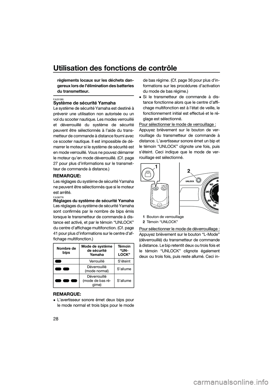 YAMAHA FX SVHO 2014 Notices Demploi (in French) Utilisation des fonctions de contrôle
28
règlements locaux sur les déchets dan-
gereux lors de l’élimination des batteries
du transmetteur.
FJU31385Système de sécurité Yamaha
Le système de s YAMAHA FX SVHO 2014 Notices Demploi (in French) Utilisation des fonctions de contrôle
28
règlements locaux sur les déchets dan-
gereux lors de l’élimination des batteries
du transmetteur.
FJU31385Système de sécurité Yamaha
Le système de s
