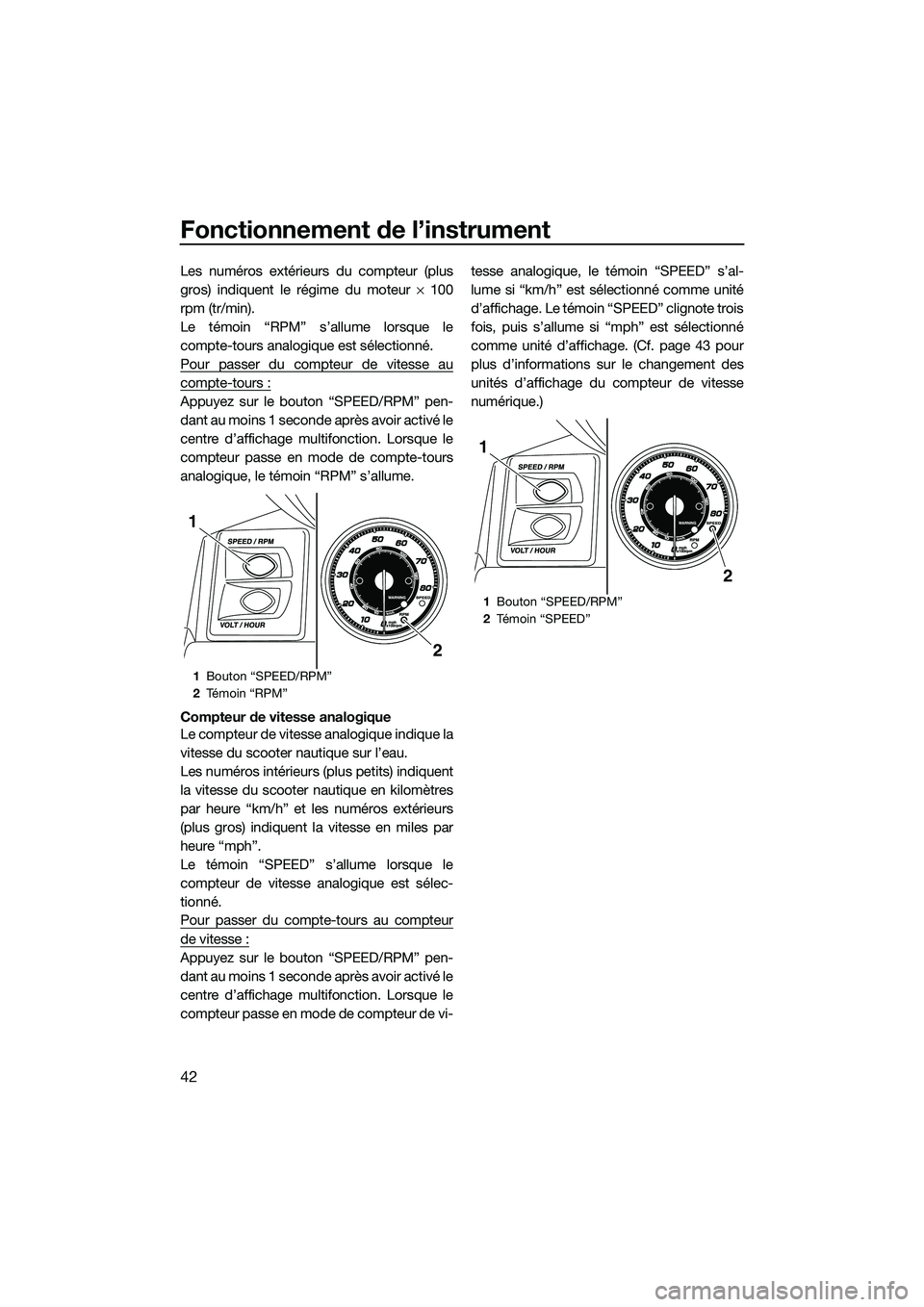 YAMAHA FX SVHO 2014 Notices Demploi (in French) Fonctionnement de l’instrument
42
Les numéros extérieurs du compteur (plus
gros) indiquent le régime du moteur × 100
rpm (tr/min).
Le témoin “RPM” s’allume lorsque le
compte-tours analogi YAMAHA FX SVHO 2014 Notices Demploi (in French) Fonctionnement de l’instrument
42
Les numéros extérieurs du compteur (plus
gros) indiquent le régime du moteur × 100
rpm (tr/min).
Le témoin “RPM” s’allume lorsque le
compte-tours analogi