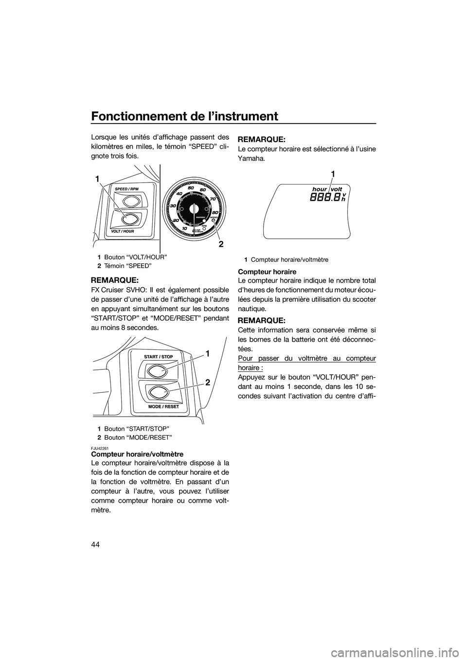 YAMAHA FX SVHO 2014 Notices Demploi (in French) Fonctionnement de l’instrument
44
Lorsque les unités d’affichage passent des
kilomètres en miles, le témoin “SPEED” cli-
gnote trois fois.
REMARQUE:
FX Cruiser SVHO: Il est également possi YAMAHA FX SVHO 2014 Notices Demploi (in French) Fonctionnement de l’instrument
44
Lorsque les unités d’affichage passent des
kilomètres en miles, le témoin “SPEED” cli-
gnote trois fois.
REMARQUE:
FX Cruiser SVHO: Il est également possi