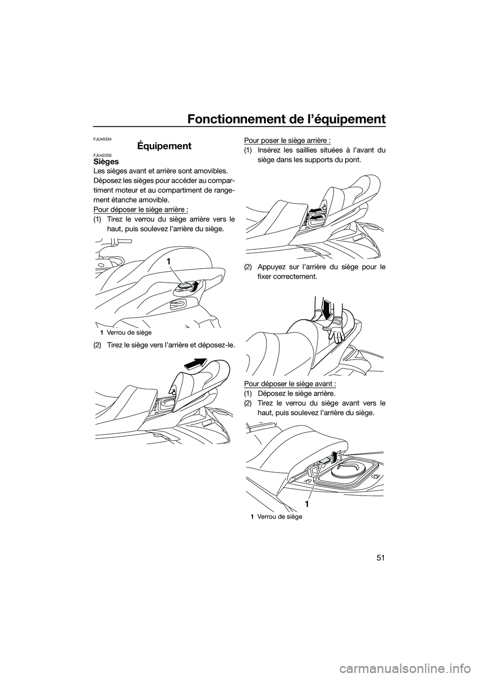 YAMAHA FX SVHO 2014 Notices Demploi (in French) Fonctionnement de l’équipement
51
FJU40334
ÉquipementFJU42203Sièges
Les sièges avant et arrière sont amovibles.
Déposez les sièges pour accéder au compar-
timent moteur et au compartiment de YAMAHA FX SVHO 2014 Notices Demploi (in French) Fonctionnement de l’équipement
51
FJU40334
ÉquipementFJU42203Sièges
Les sièges avant et arrière sont amovibles.
Déposez les sièges pour accéder au compar-
timent moteur et au compartiment de