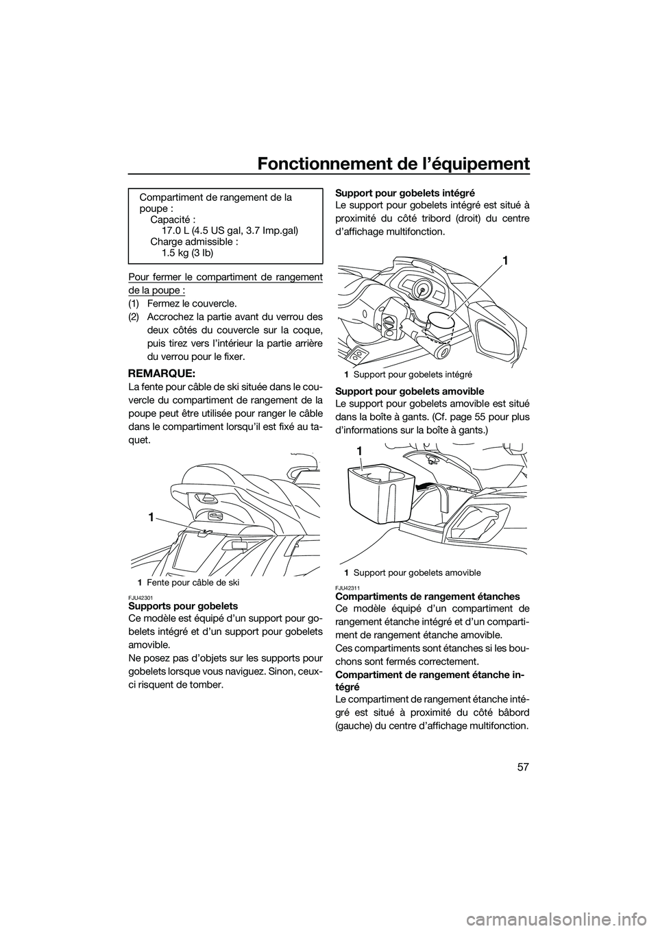 YAMAHA FX SVHO 2014 Notices Demploi (in French) Fonctionnement de l’équipement
57
Pour fermer le compartiment de rangement
de la poupe :
(1) Fermez le couvercle.
(2) Accrochez la partie avant du verrou desdeux côtés du couvercle sur la coque,
YAMAHA FX SVHO 2014 Notices Demploi (in French) Fonctionnement de l’équipement
57
Pour fermer le compartiment de rangement
de la poupe :
(1) Fermez le couvercle.
(2) Accrochez la partie avant du verrou desdeux côtés du couvercle sur la coque,
