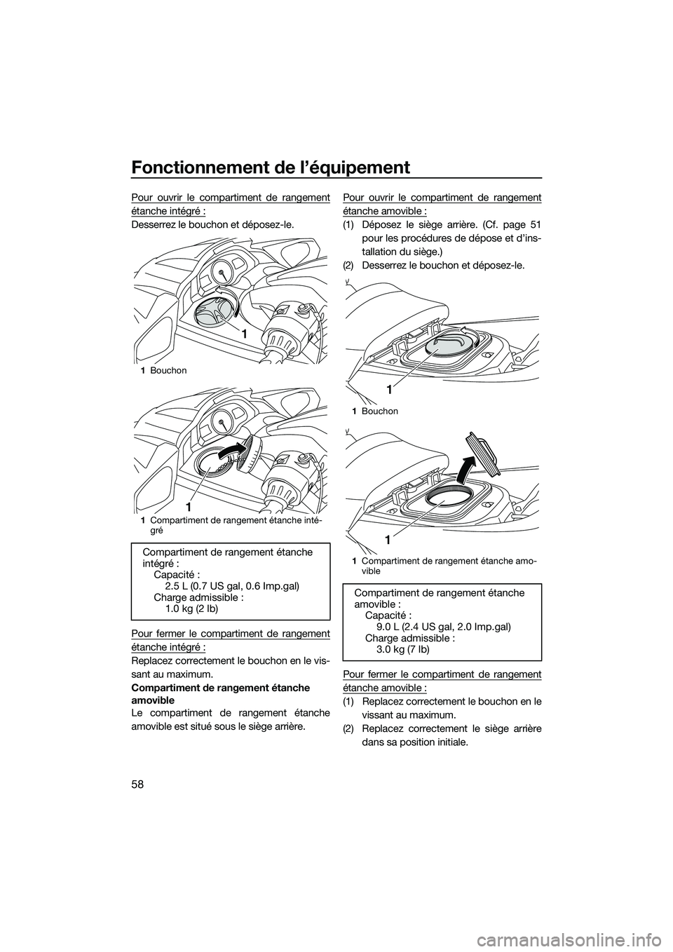 YAMAHA FX SVHO 2014 Notices Demploi (in French) Fonctionnement de l’équipement
58
Pour ouvrir le compartiment de rangement
étanche intégré :
Desserrez le bouchon et déposez-le.
Pour fermer le compartiment de rangement
étanche intégré :
Re YAMAHA FX SVHO 2014 Notices Demploi (in French) Fonctionnement de l’équipement
58
Pour ouvrir le compartiment de rangement
étanche intégré :
Desserrez le bouchon et déposez-le.
Pour fermer le compartiment de rangement
étanche intégré :
Re