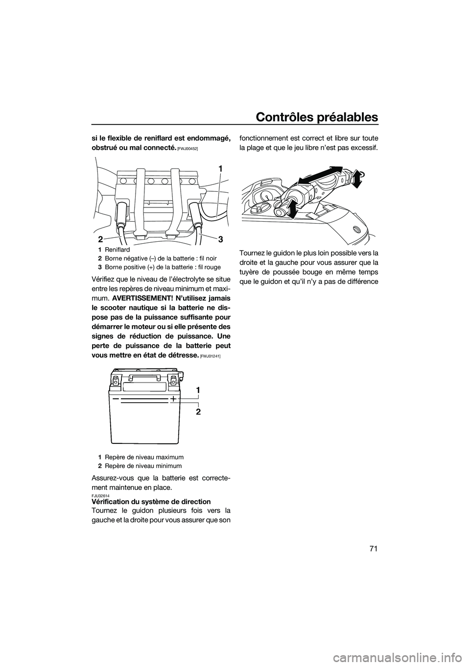 YAMAHA FX SVHO 2014  Notices Demploi (in French) Contrôles préalables
71
si le flexible de reniflard est endommagé,
obstrué ou mal connecté.
 [FWJ00452]
Vérifiez que le niveau de l’électrolyte se situe
entre les repères de niveau minimum e