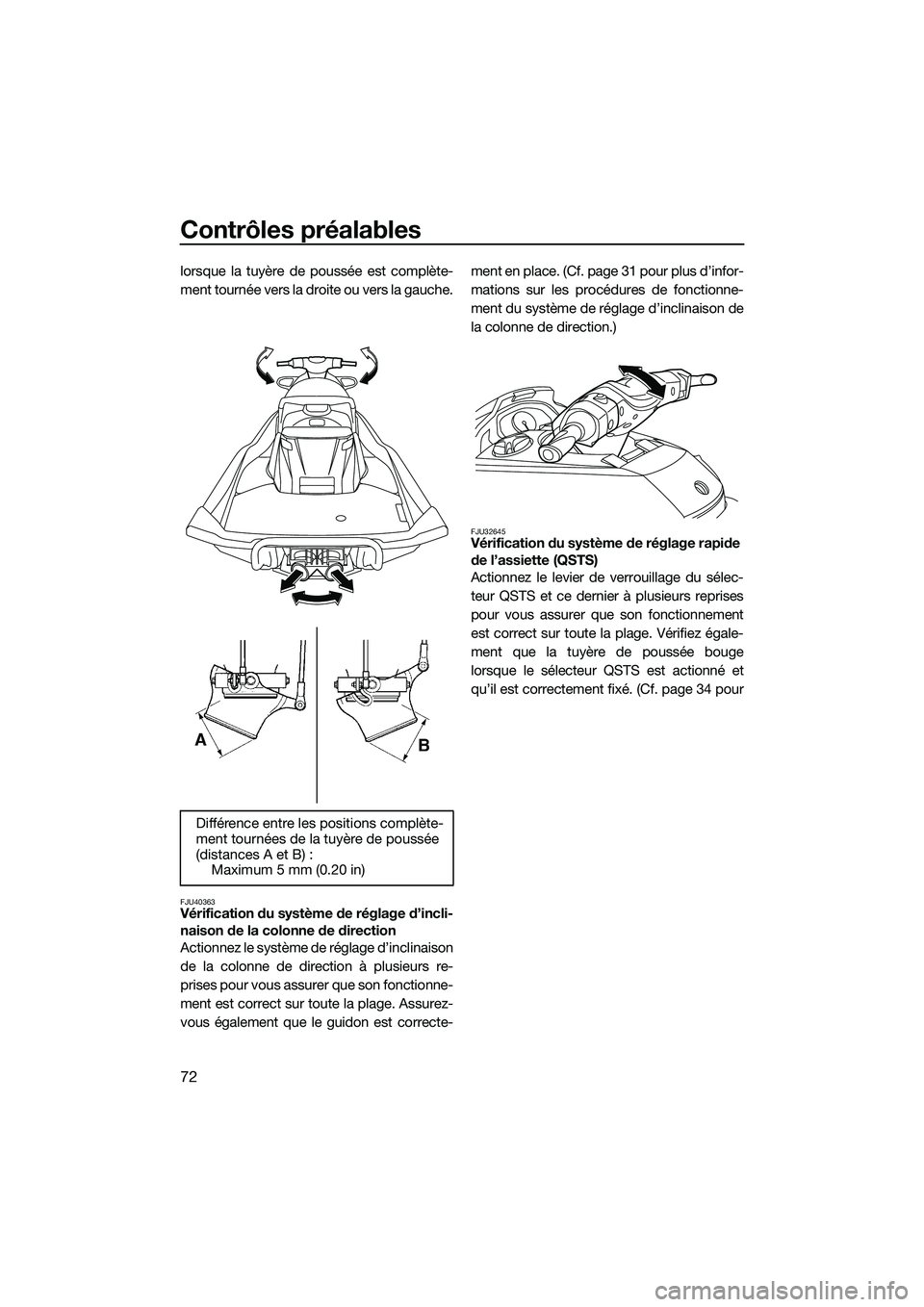 YAMAHA FX SVHO 2014 Notices Demploi (in French) Contrôles préalables
72
lorsque la tuyère de poussée est complète-
ment tournée vers la droite ou vers la gauche.
FJU40363Vérification du système de réglage d’incli-
naison de la colonne de YAMAHA FX SVHO 2014 Notices Demploi (in French) Contrôles préalables
72
lorsque la tuyère de poussée est complète-
ment tournée vers la droite ou vers la gauche.
FJU40363Vérification du système de réglage d’incli-
naison de la colonne de