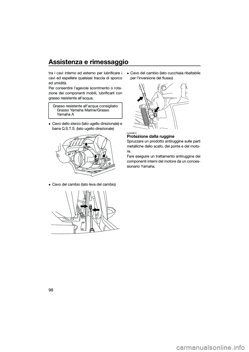 YAMAHA FX SVHO 2014 Manuale duso (in Italian) Assistenza e rimessaggio
98
tra i cavi interno ed esterno per lubrificare i
cavi ed espellere qualsiasi traccia di sporco
ed umidità.
Per consentire l’agevole scorrimento o rota-
zione dei componen YAMAHA FX SVHO 2014 Manuale duso (in Italian) Assistenza e rimessaggio
98
tra i cavi interno ed esterno per lubrificare i
cavi ed espellere qualsiasi traccia di sporco
ed umidità.
Per consentire l’agevole scorrimento o rota-
zione dei componen