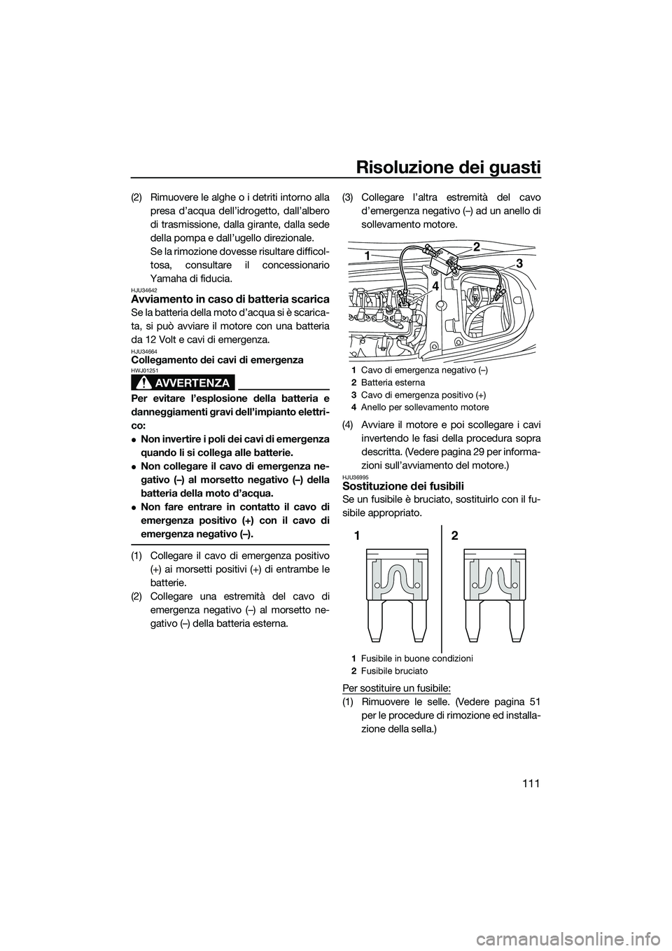 YAMAHA FX SVHO 2014 Manuale duso (in Italian) Risoluzione dei guasti
111
(2) Rimuovere le alghe o i detriti intorno allapresa d’acqua dell’idrogetto, dall’albero
di trasmissione, dalla girante, dalla sede
della pompa e dall’ugello direzio YAMAHA FX SVHO 2014 Manuale duso (in Italian) Risoluzione dei guasti
111
(2) Rimuovere le alghe o i detriti intorno allapresa d’acqua dell’idrogetto, dall’albero
di trasmissione, dalla girante, dalla sede
della pompa e dall’ugello direzio