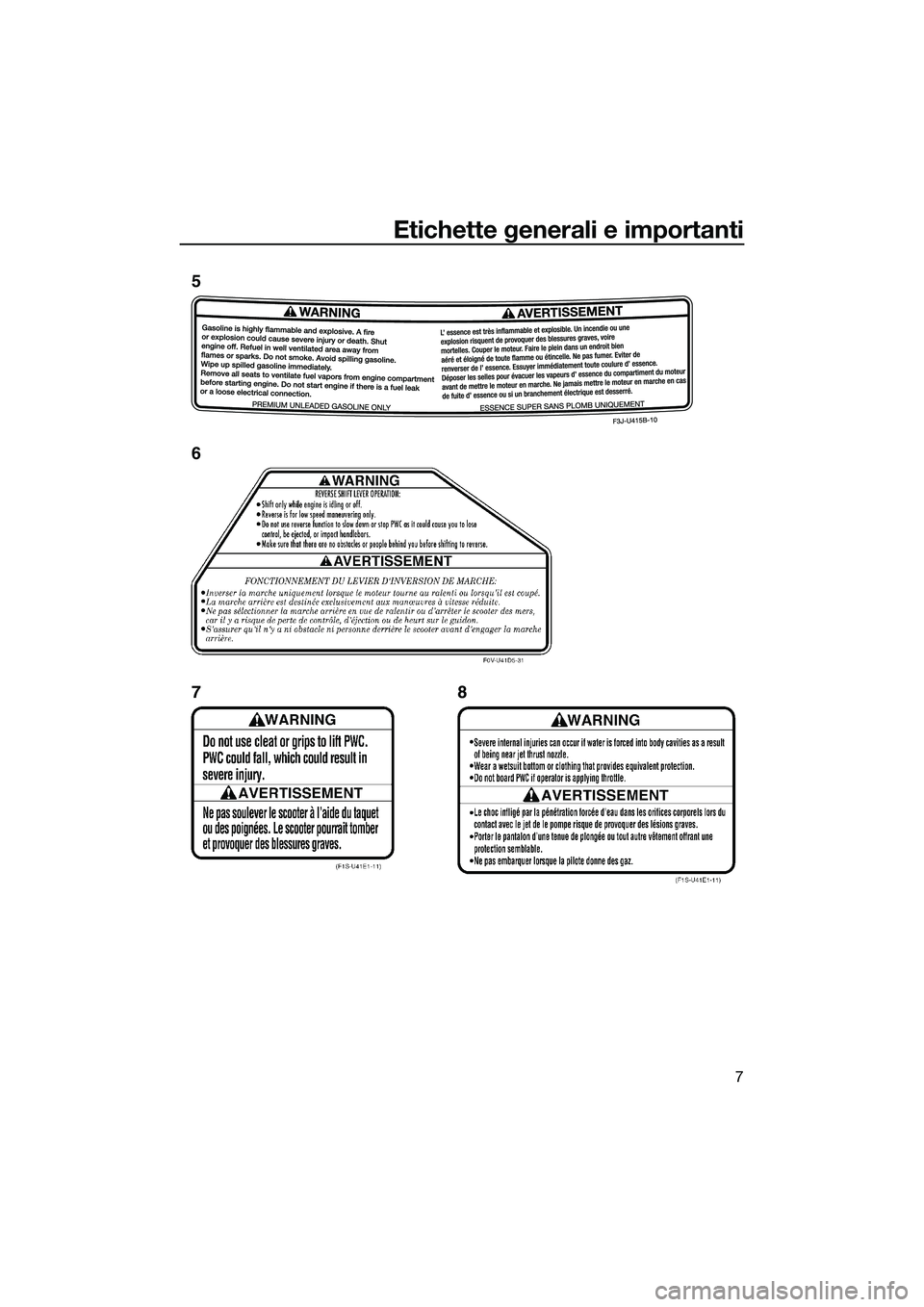 YAMAHA FX SVHO 2014 Manuale duso (in Italian) Etichette generali e importanti
7
5
6
78
UF3J70H0.book Page 7 Wednesday, October 9, 2013 9:01 AM YAMAHA FX SVHO 2014 Manuale duso (in Italian) Etichette generali e importanti
7
5
6
78
UF3J70H0.book Page 7 Wednesday, October 9, 2013 9:01 AM