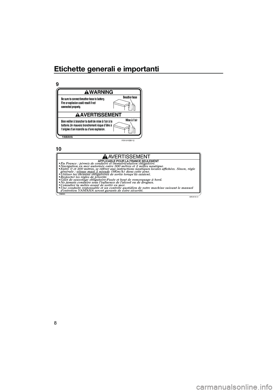 YAMAHA FX SVHO 2014 Manuale duso (in Italian) Etichette generali e importanti
8
UF3J70H0.book Page 8 Wednesday, October 9, 2013 9:01 AM YAMAHA FX SVHO 2014 Manuale duso (in Italian) Etichette generali e importanti
8
UF3J70H0.book Page 8 Wednesday, October 9, 2013 9:01 AM