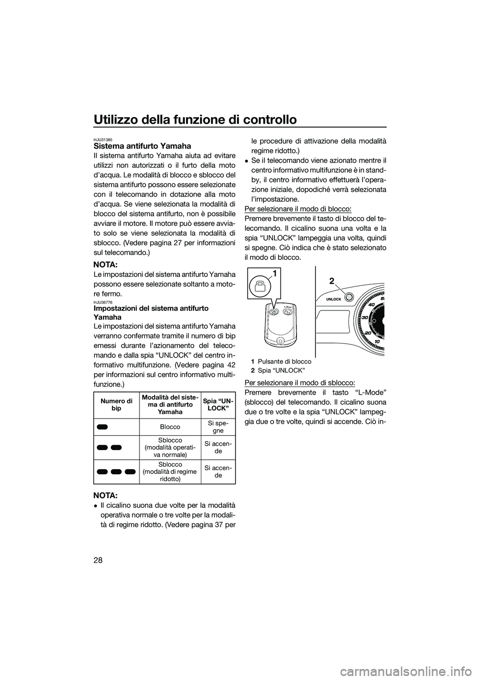 YAMAHA FX SVHO 2014 Manuale duso (in Italian) Utilizzo della funzione di controllo
28
HJU31385Sistema antifurto Yamaha
Il sistema antifurto Yamaha aiuta ad evitare
utilizzi non autorizzati o il furto della moto
d’acqua. Le modalità di blocco e YAMAHA FX SVHO 2014 Manuale duso (in Italian) Utilizzo della funzione di controllo
28
HJU31385Sistema antifurto Yamaha
Il sistema antifurto Yamaha aiuta ad evitare
utilizzi non autorizzati o il furto della moto
d’acqua. Le modalità di blocco e