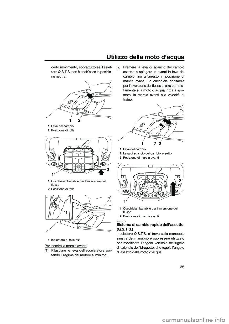 YAMAHA FX SVHO 2014 Manuale duso (in Italian) Utilizzo della moto d’acqua
35
certo movimento, soprattutto se il selet-
tore Q.S.T.S. non è anch’esso in posizio-
ne neutra.
Per inserire la marcia avanti:
(1) Rilasciare le leva dell’accelera YAMAHA FX SVHO 2014 Manuale duso (in Italian) Utilizzo della moto d’acqua
35
certo movimento, soprattutto se il selet-
tore Q.S.T.S. non è anch’esso in posizio-
ne neutra.
Per inserire la marcia avanti:
(1) Rilasciare le leva dell’accelera