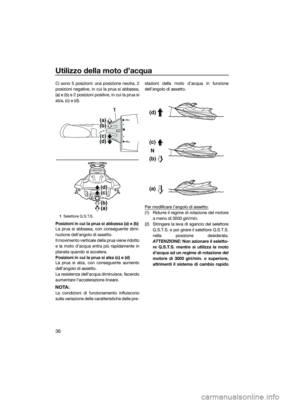 YAMAHA FX SVHO 2014 Manuale duso (in Italian) Utilizzo della moto d’acqua
36
Ci sono 5 posizioni: una posizione neutra, 2
posizioni negative, in cui la prua si abbassa,
(a) e (b) e 2 posizioni positive, in cui la prua si
alza, (c) e (d).
Posizi YAMAHA FX SVHO 2014 Manuale duso (in Italian) Utilizzo della moto d’acqua
36
Ci sono 5 posizioni: una posizione neutra, 2
posizioni negative, in cui la prua si abbassa,
(a) e (b) e 2 posizioni positive, in cui la prua si
alza, (c) e (d).
Posizi