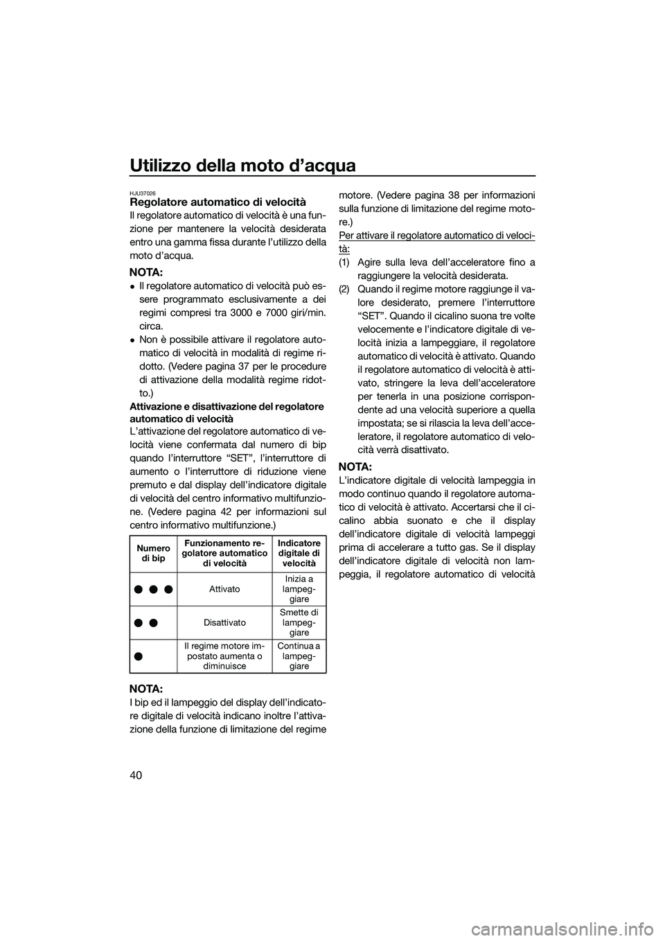 YAMAHA FX SVHO 2014 Manuale duso (in Italian) Utilizzo della moto d’acqua
40
HJU37026Regolatore automatico di velocità
Il regolatore automatico di velocità è una fun-
zione per mantenere la velocità desiderata
entro una gamma fissa durante YAMAHA FX SVHO 2014 Manuale duso (in Italian) Utilizzo della moto d’acqua
40
HJU37026Regolatore automatico di velocità
Il regolatore automatico di velocità è una fun-
zione per mantenere la velocità desiderata
entro una gamma fissa durante