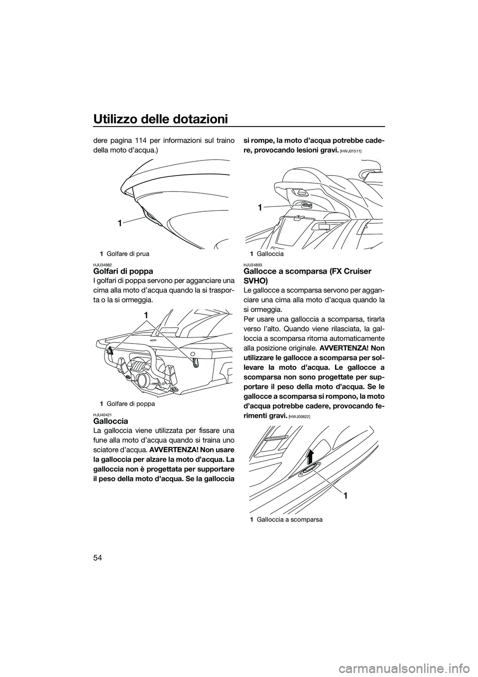 YAMAHA FX SVHO 2014 Manuale duso (in Italian) Utilizzo delle dotazioni
54
dere pagina 114 per informazioni sul traino
della moto d’acqua.)
HJU34882Golfari di poppa
I golfari di poppa servono per agganciare una
cima alla moto d’acqua quando la YAMAHA FX SVHO 2014 Manuale duso (in Italian) Utilizzo delle dotazioni
54
dere pagina 114 per informazioni sul traino
della moto d’acqua.)
HJU34882Golfari di poppa
I golfari di poppa servono per agganciare una
cima alla moto d’acqua quando la