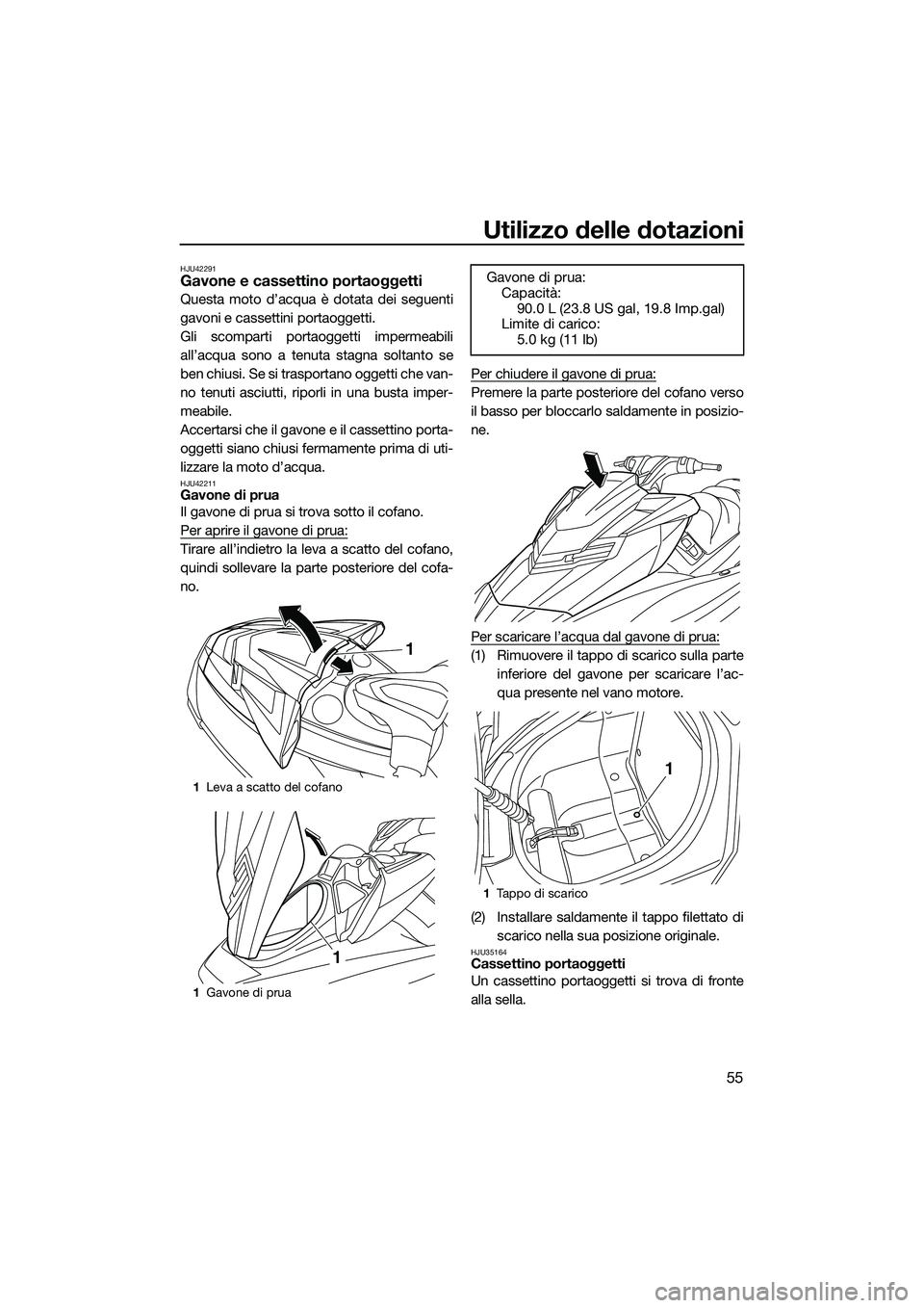 YAMAHA FX SVHO 2014 Manuale duso (in Italian) Utilizzo delle dotazioni
55
HJU42291Gavone e cassettino portaoggetti
Questa moto d’acqua è dotata dei seguenti
gavoni e cassettini portaoggetti.
Gli scomparti portaoggetti impermeabili
all’acqua YAMAHA FX SVHO 2014 Manuale duso (in Italian) Utilizzo delle dotazioni
55
HJU42291Gavone e cassettino portaoggetti
Questa moto d’acqua è dotata dei seguenti
gavoni e cassettini portaoggetti.
Gli scomparti portaoggetti impermeabili
all’acqua