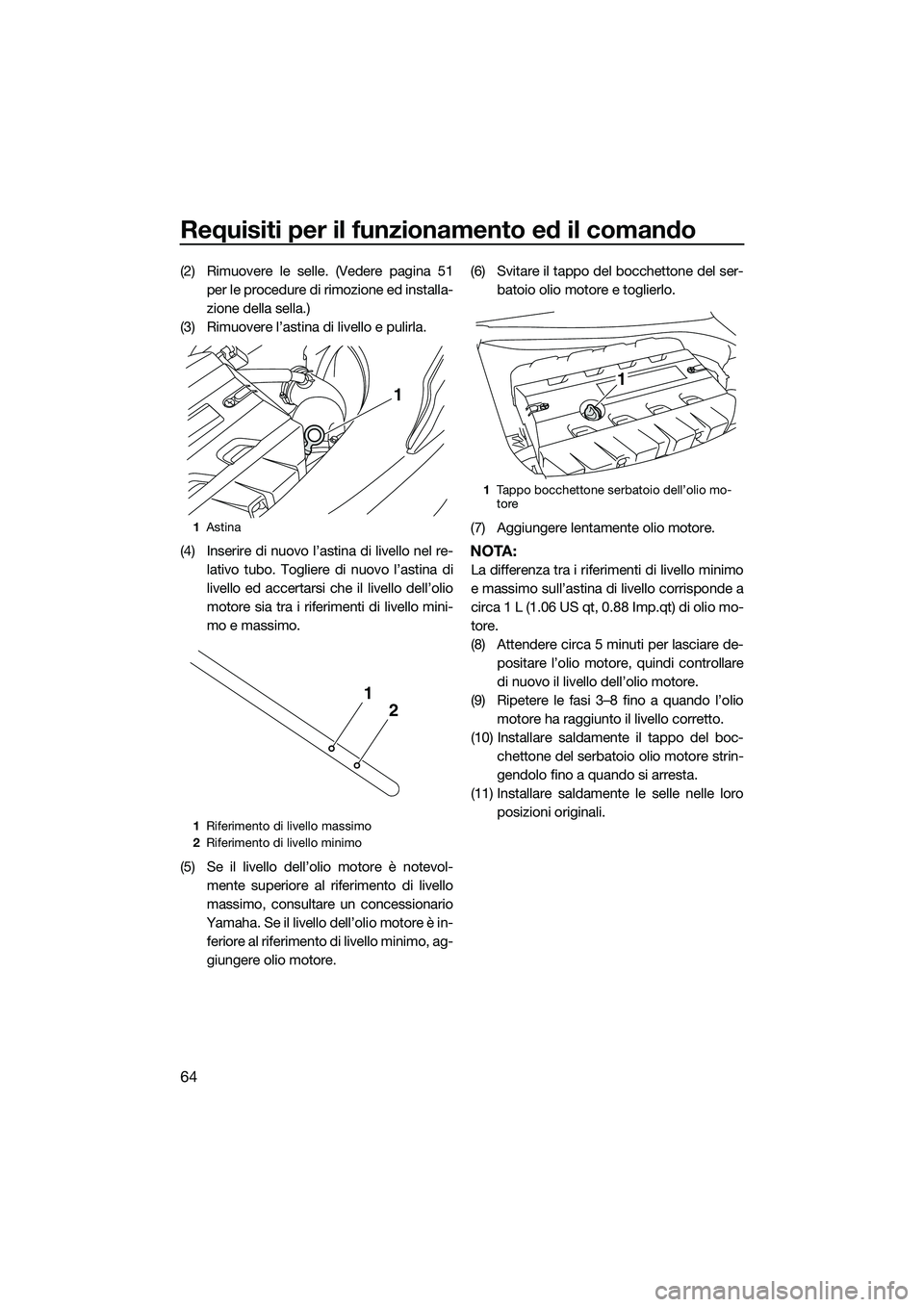 YAMAHA FX SVHO 2014 Manuale duso (in Italian) Requisiti per il funzionamento ed il comando
64
(2) Rimuovere le selle. (Vedere pagina 51per le procedure di rimozione ed installa-
zione della sella.)
(3) Rimuovere l’astina di livello e pulirla.
( YAMAHA FX SVHO 2014 Manuale duso (in Italian) Requisiti per il funzionamento ed il comando
64
(2) Rimuovere le selle. (Vedere pagina 51per le procedure di rimozione ed installa-
zione della sella.)
(3) Rimuovere l’astina di livello e pulirla.
(
